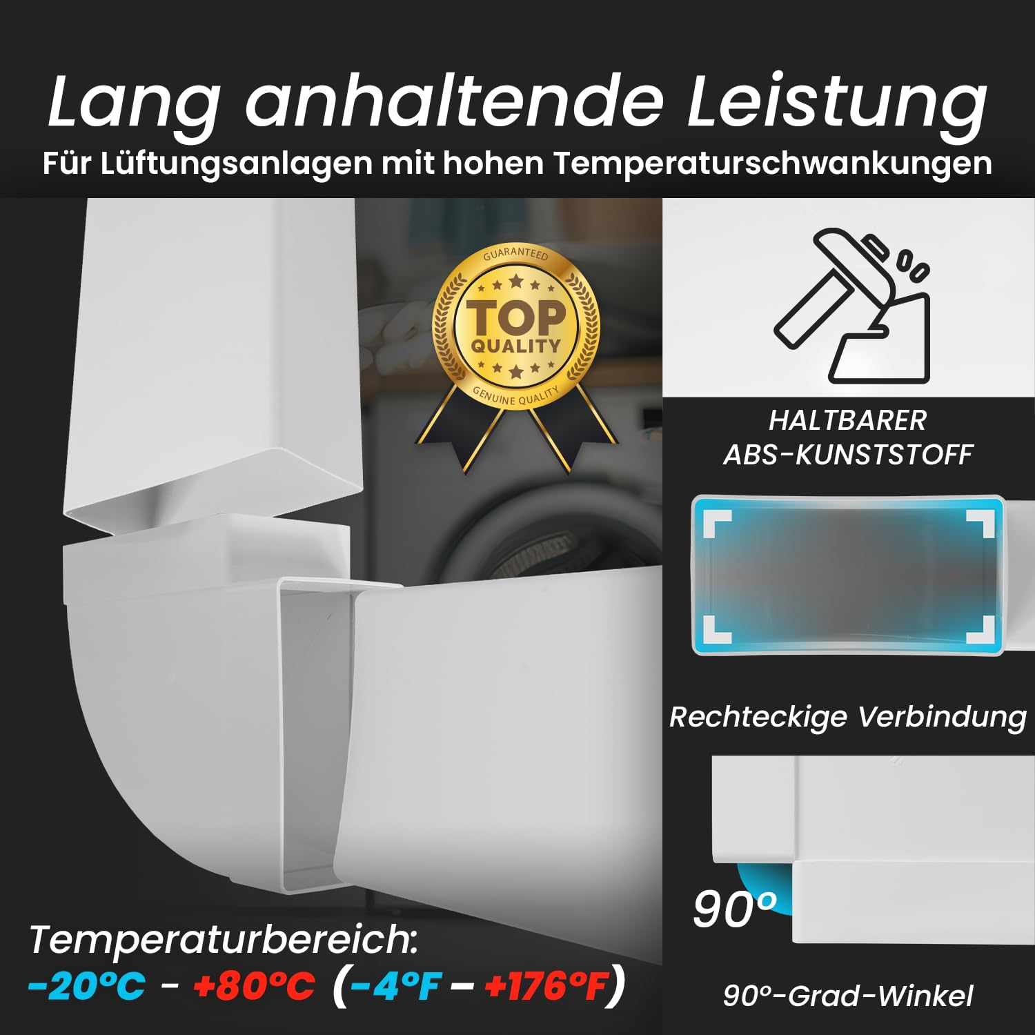Repa Market Canal plano de 90 grados, 204 x 60 mm, conector de tubo rectangular horizontal, conector de tubo de plástico ABS para calefacción, refrigeración, canal plano, conducto de ventilación
