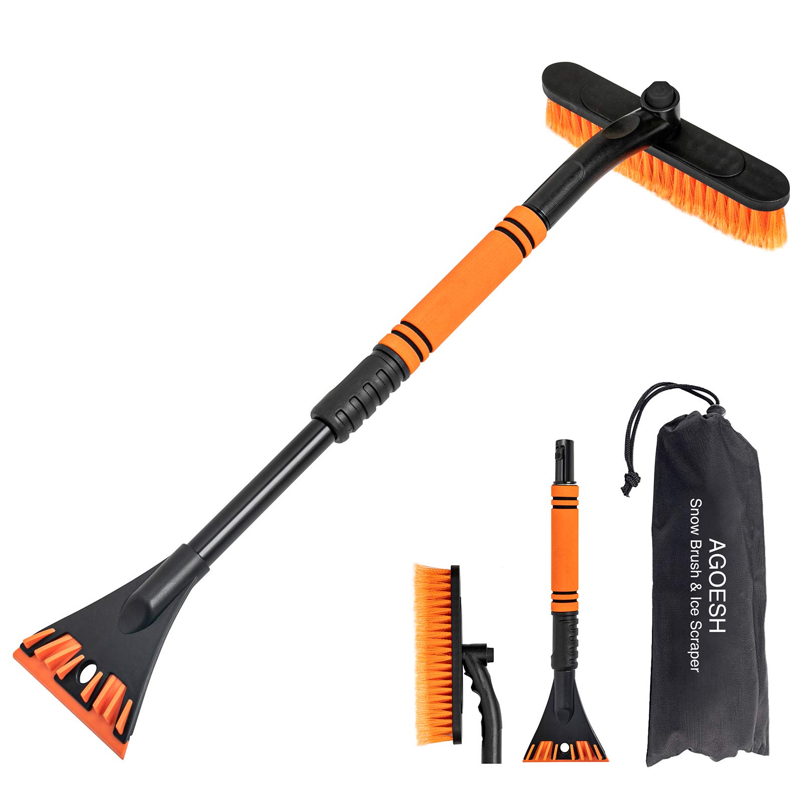 AGOESH Snow Brush for Car with Detachable Ice Scraper, Extendable Snow Brush with Foam Grip Durable Aluminum Body, Detachable Snow Scraper with Brush for Car Auto SUV Windshield Windows