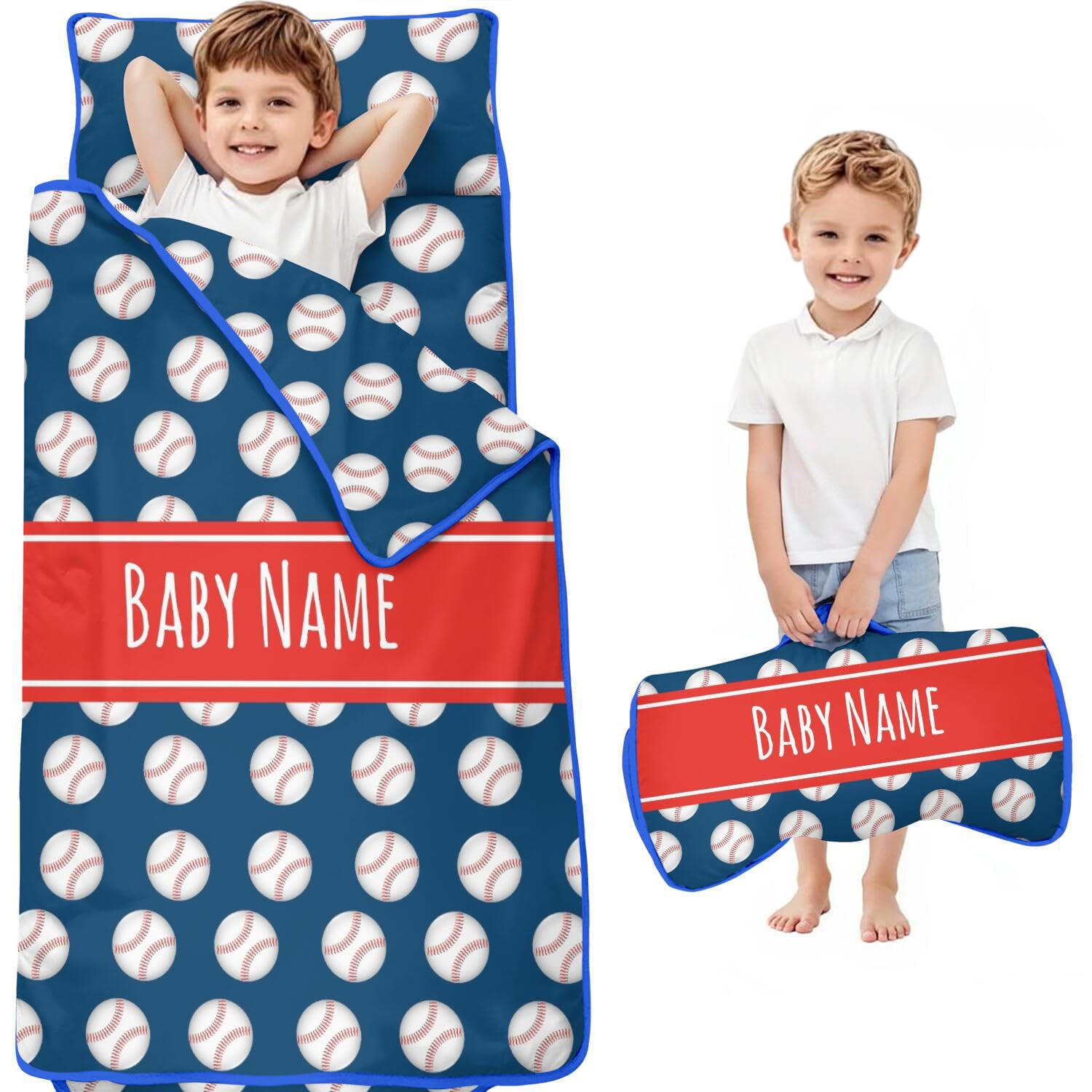 Personalized Sleeping Bags for Kids, Customized Toddler Nap Mat with Name, Custom Baseball Print Rest Mat with Pillow and Blanket Quilt Perfect for Preschool Daycare Kindergarten Tavel