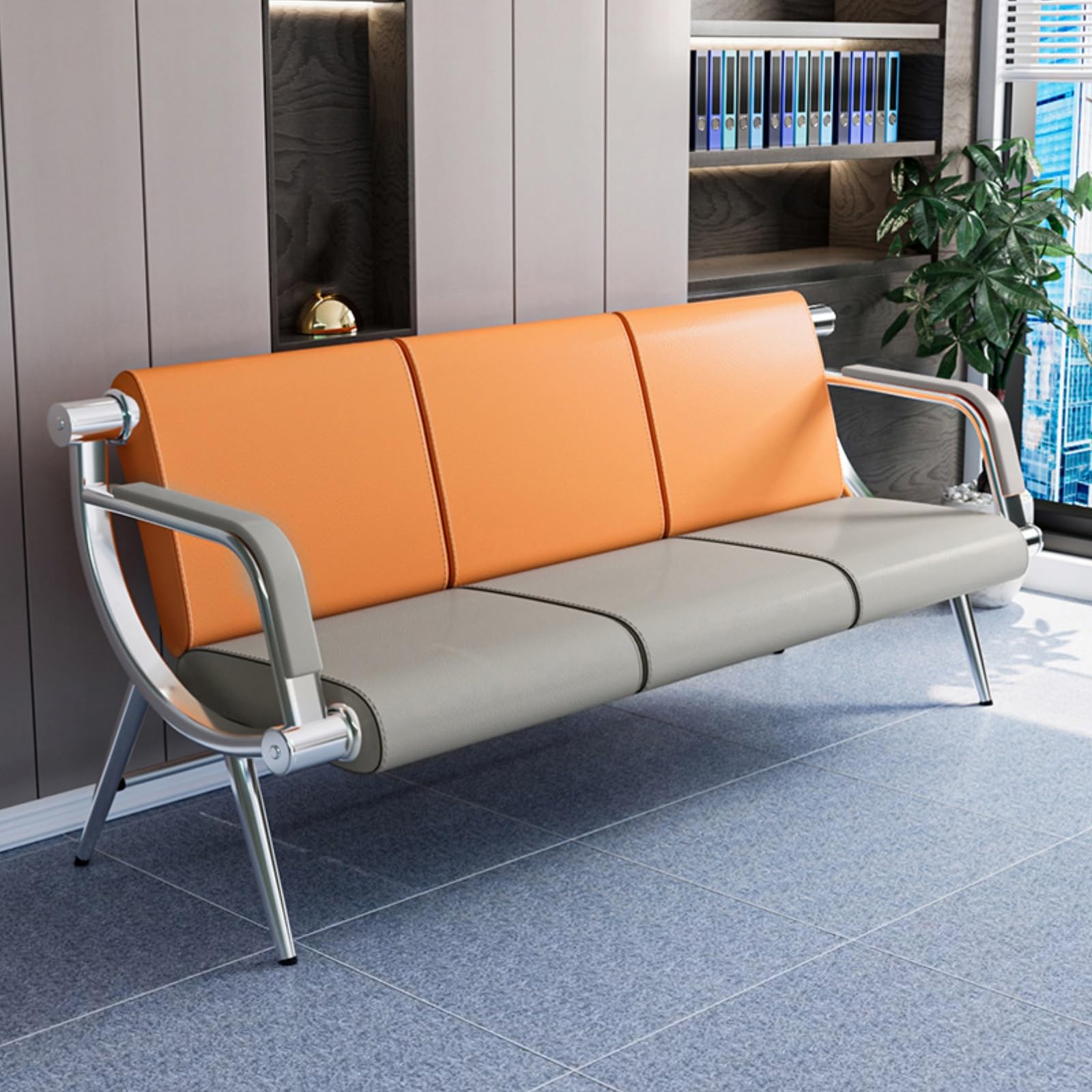 3-Sitzer Büroempfangs-wartestühle - Gästestühle und Empfangsstühle für Schönheitssalon, Friseursalon, Flughafen, Bank und Hall, Leder-Bürosofa für Besucher(Orange+Gray)