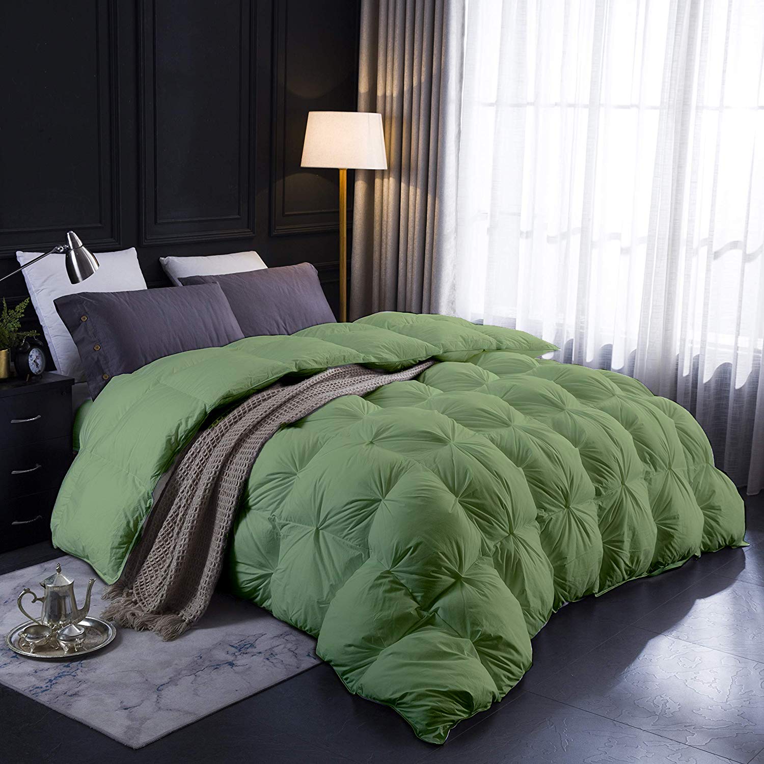 Home Luxury Living Moss All Season Down Alternative Pintuck Comforter- Eastern King Size 118 x 110 Inches 1 pc Pinch Pleated Comforter 600 GSM & 4 - Corner Tabs 100% Egyptian Cotton- Moss Solid
