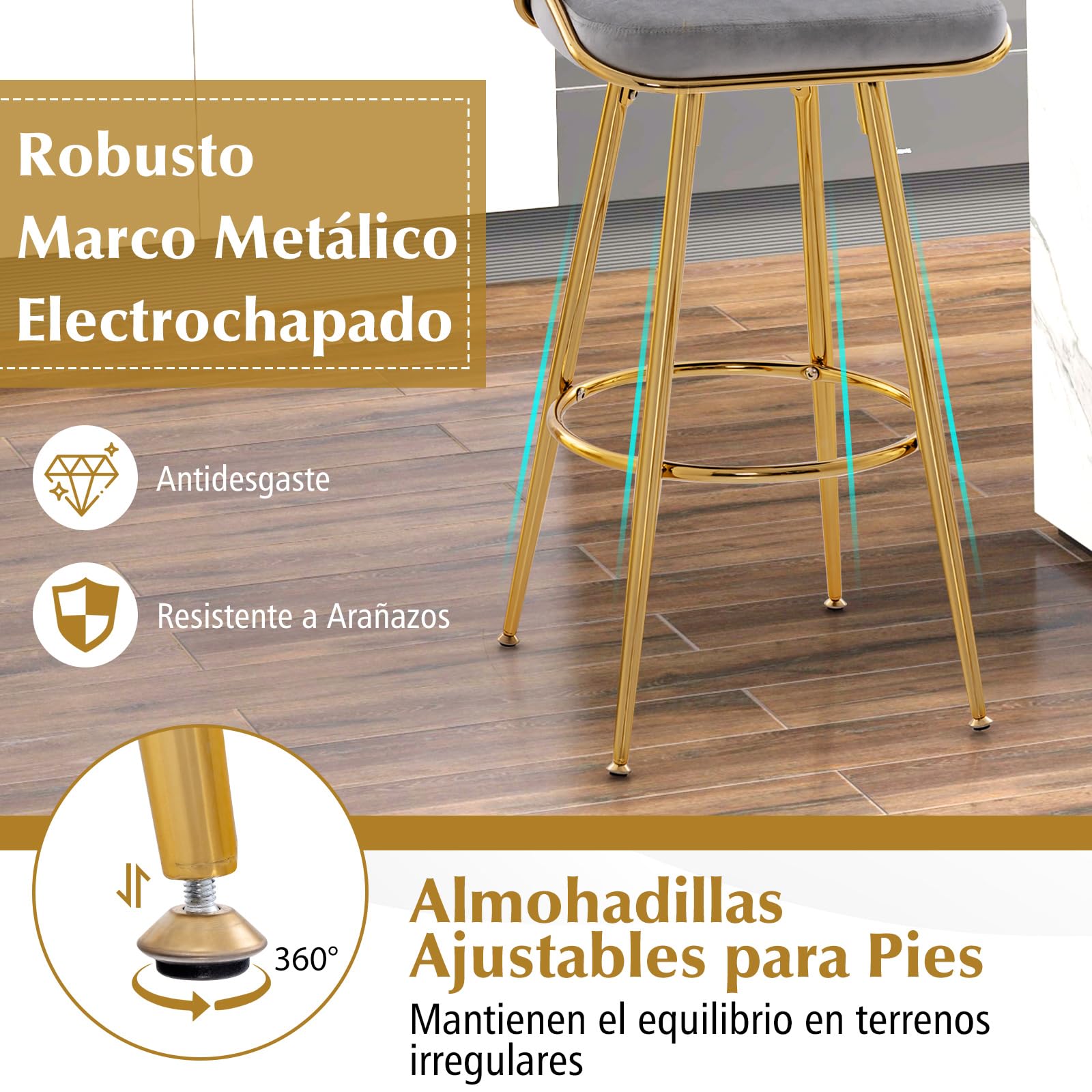 COSTWAY Juego de 2 Taburetes de Terciopelo, Taburetes de Barra de 73 cm con Respaldo Tejido y Patas de Metal Dorado, Taburetes de Cocina Tapizados sin Brazos con Reposapiés(Gris)