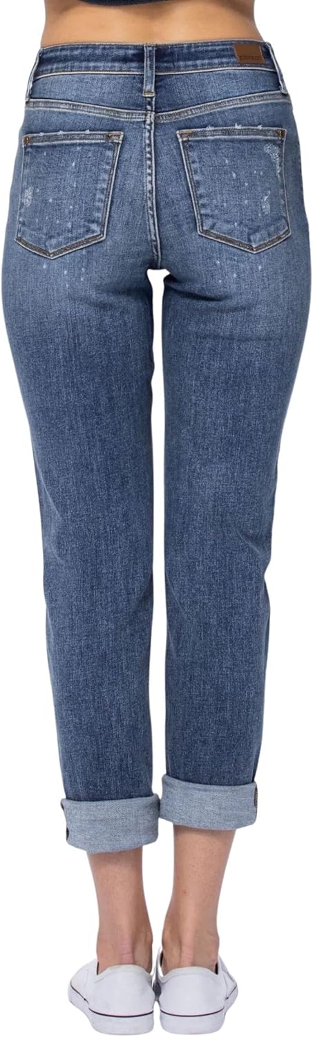 Judy Blue Women's High-Rise Bleach Splash Rolled-Cuff Boyfriend Jeans