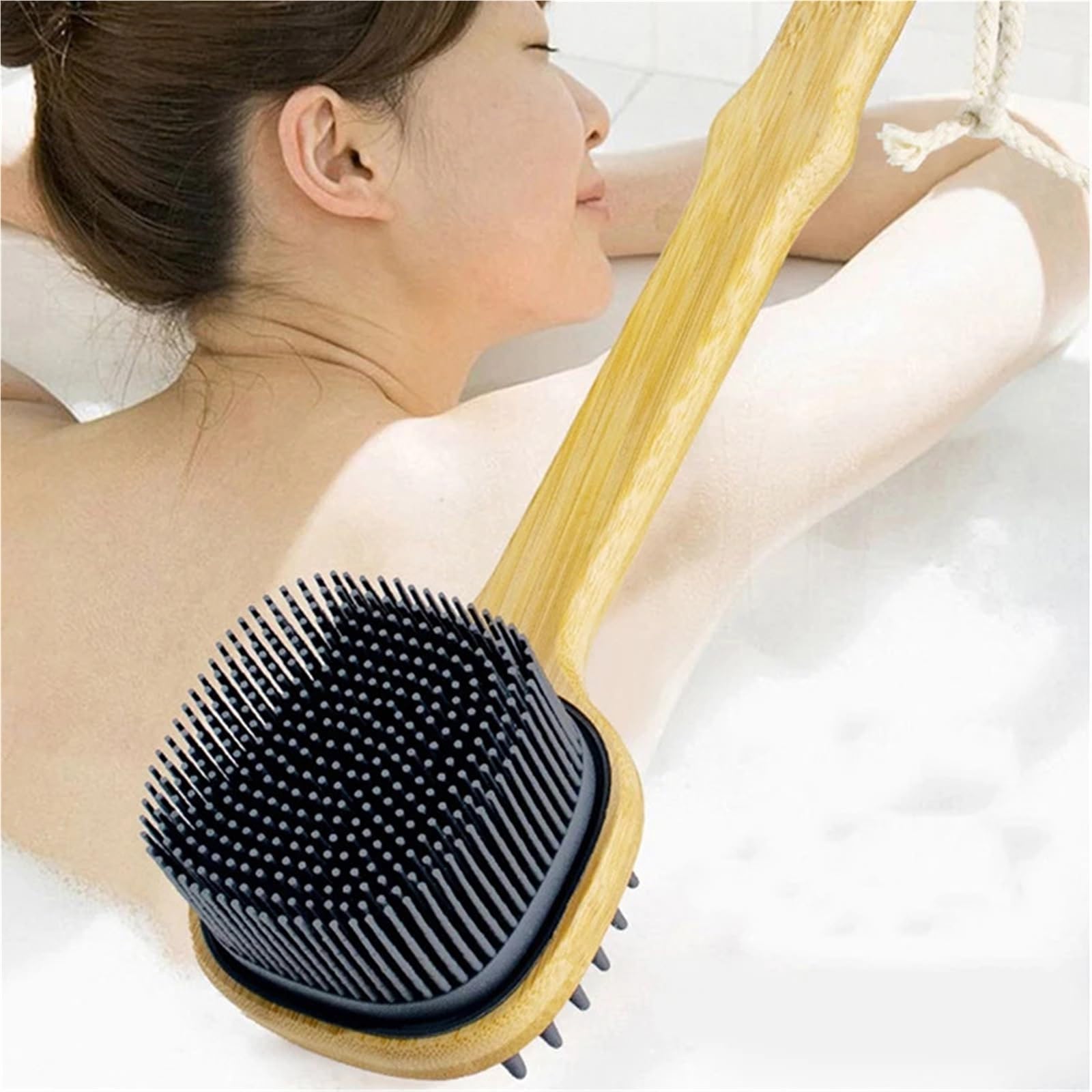 Cepillo Para La Espalda 2 uds cepillo de silicona frotador de espalda cepillo de ducha con mango largo de madera herramienta de limpieza de masaje corporal exfoliante de piel seca Per Il Bagno(Black)