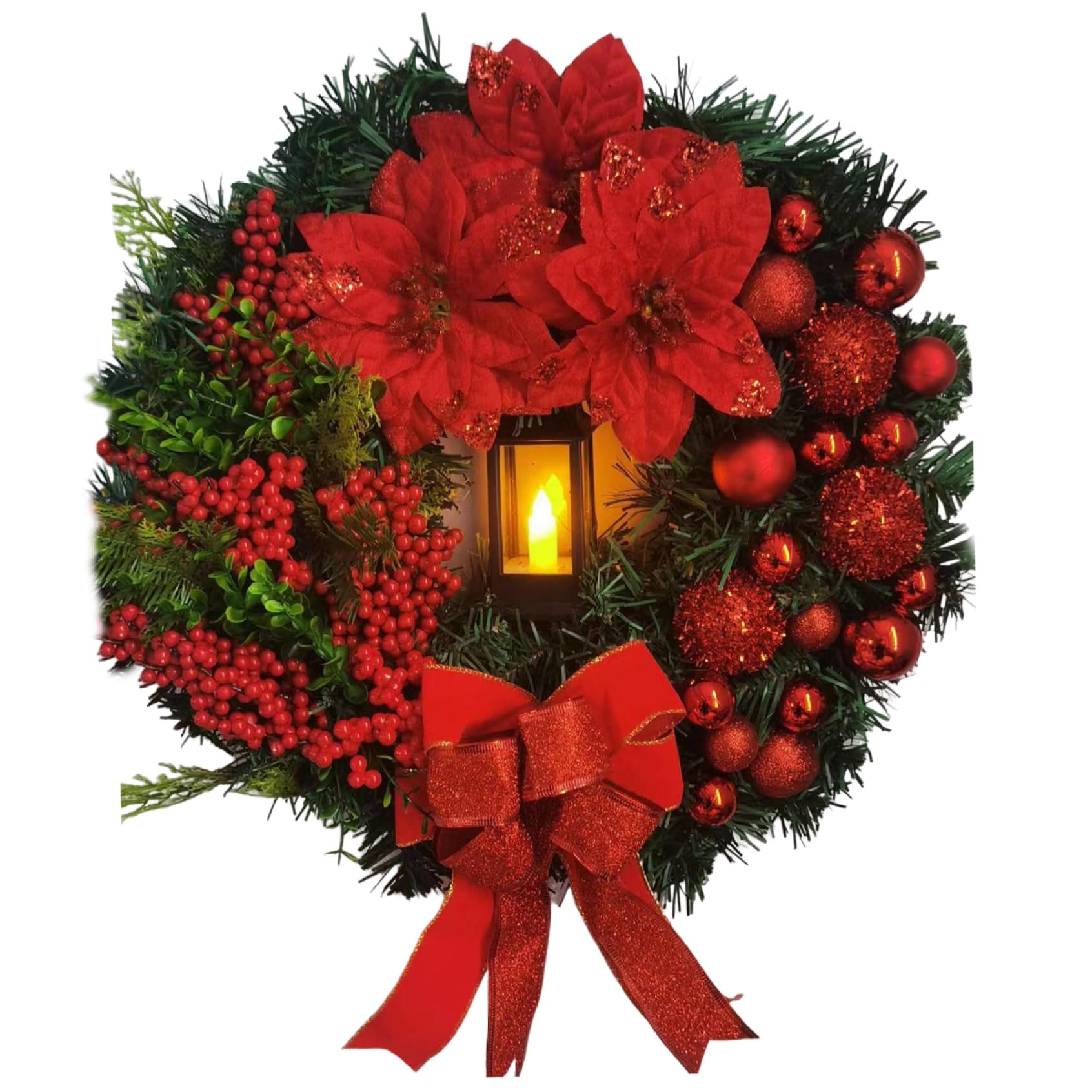 CAKEEYUM Christmas Wreath 16inch Artificial Light Up Bowknot Flower Red Berries Wreath with Mixed Leaves Hanging Round Christmas Wreaths for Front Door Window Wall Door Wre