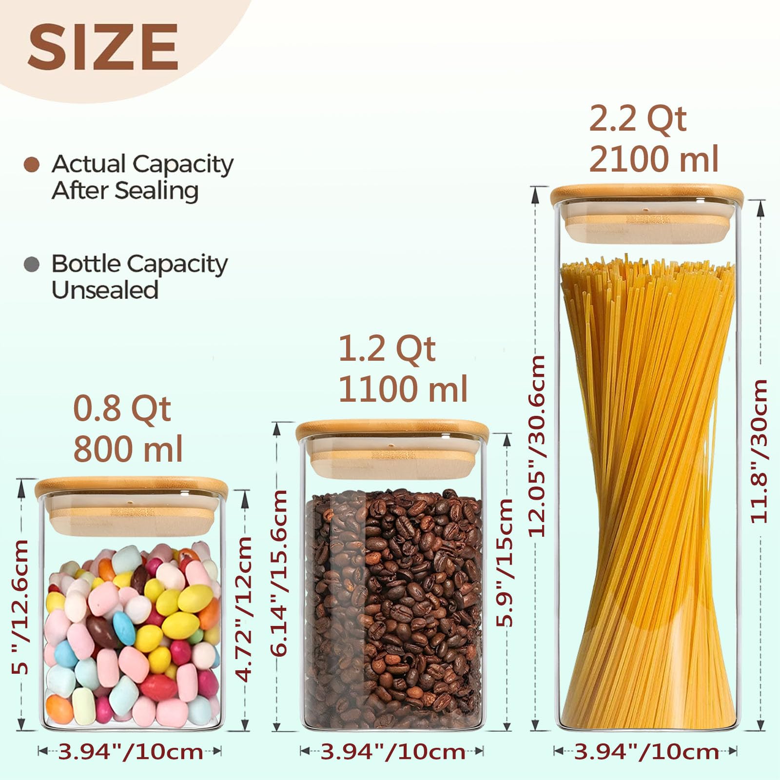 VIEWELLD Frischhaltedosen mit luftdichten Bambusdeckeln 5er Set, Glasdosen mit luftdichten Deckeln, Glas Frischhaltedosen für Nudeln, Hafer, Kaffee, Mehl, Zucker, am besten für Küche, quadratisch