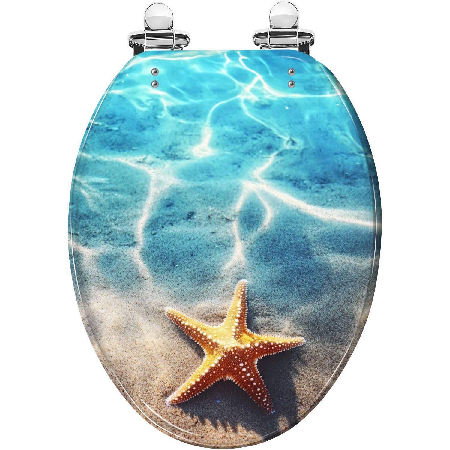 Copriwater Decorativo Allungato con Stelle Marine, Conchiglie, Tema Spiaggia Estiva E Mare, In Resina, con Chiusura Lenta E Silenziosa, Cerniere A Sgancio Rapido, Paracolpi E Facile Da Pulir