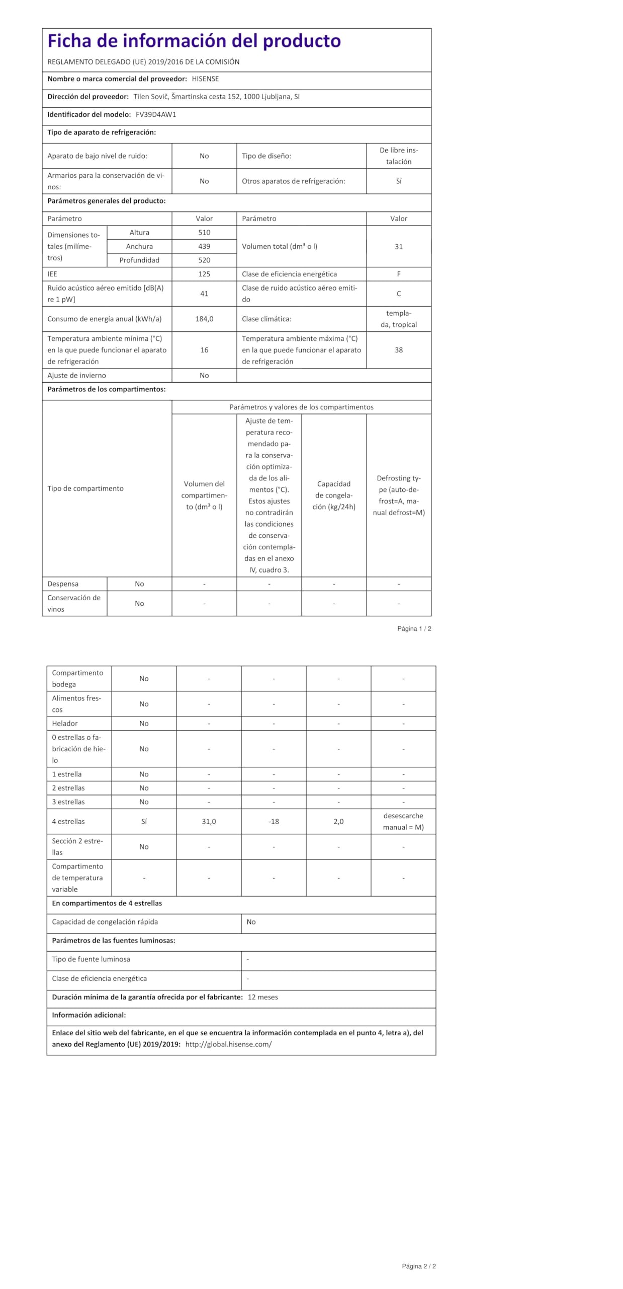Mini Freezer Hisense FV39D4AW1 - 30 Litri, Silenzioso, 4 Stelle