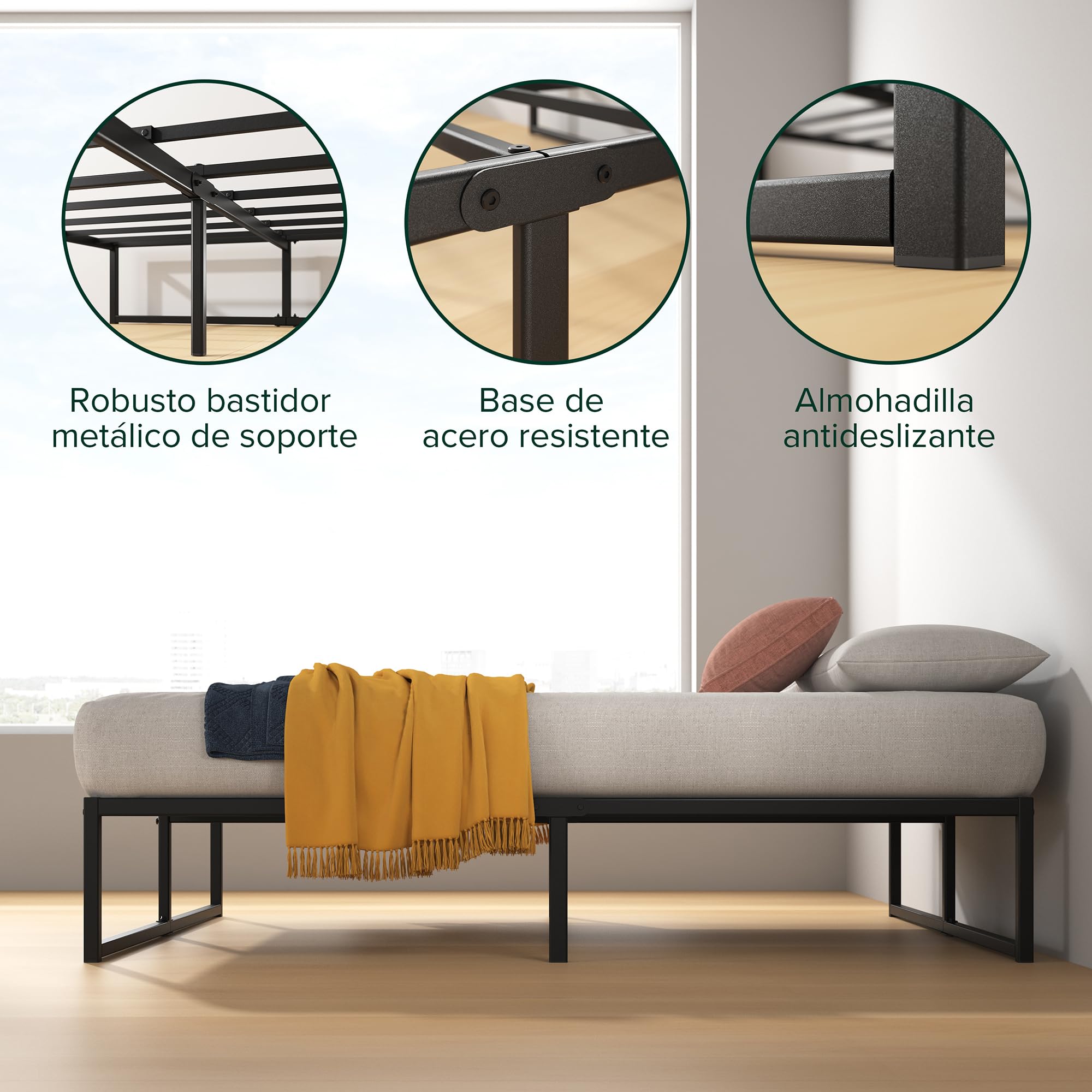 Zinus Lorelai Somier 135x190 cm - Altura 36 cm - Base Cama Matrimonio en Acero - Láminas de Metal - Montaje Fácil- Espacio de Almacenamiento - Negro