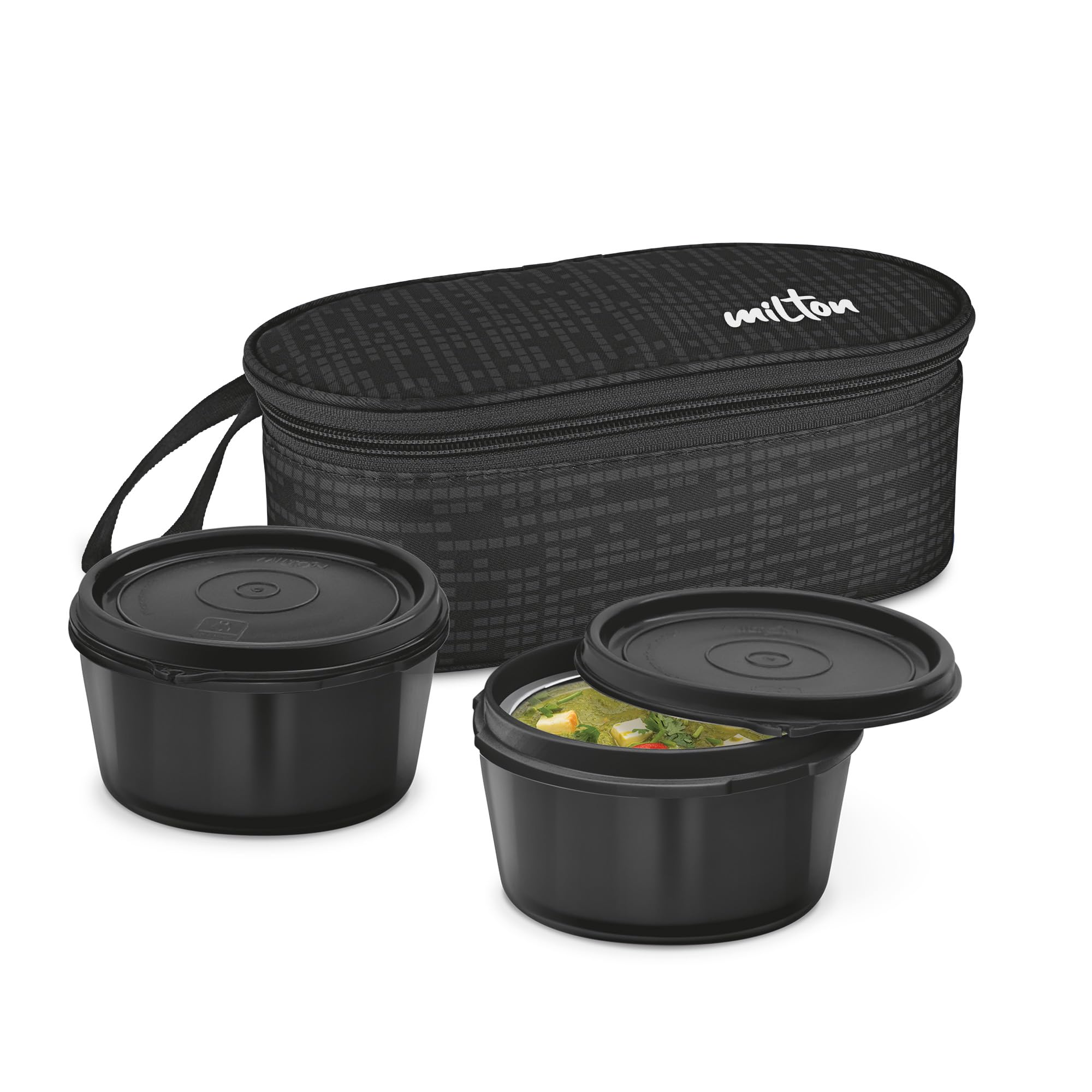 MILTON Graze Lunch Box, 2 Round Inner Steel Microwave Safe Containers 320 ml Each with Insulated Bag, Odour Proof, Tiffin for Office Men, Women, Leak-Proof Containers, Easy to Carry, Black