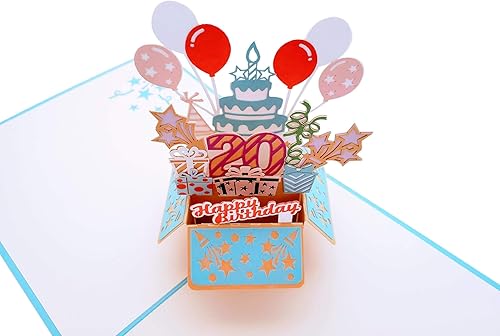 Miniatura 3 de iGifts And Cards Tarjeta de felicitación desplegable 3D con caja de fiesta de cumpleaños número 20 color azul – Veinte, impresionante, globos,