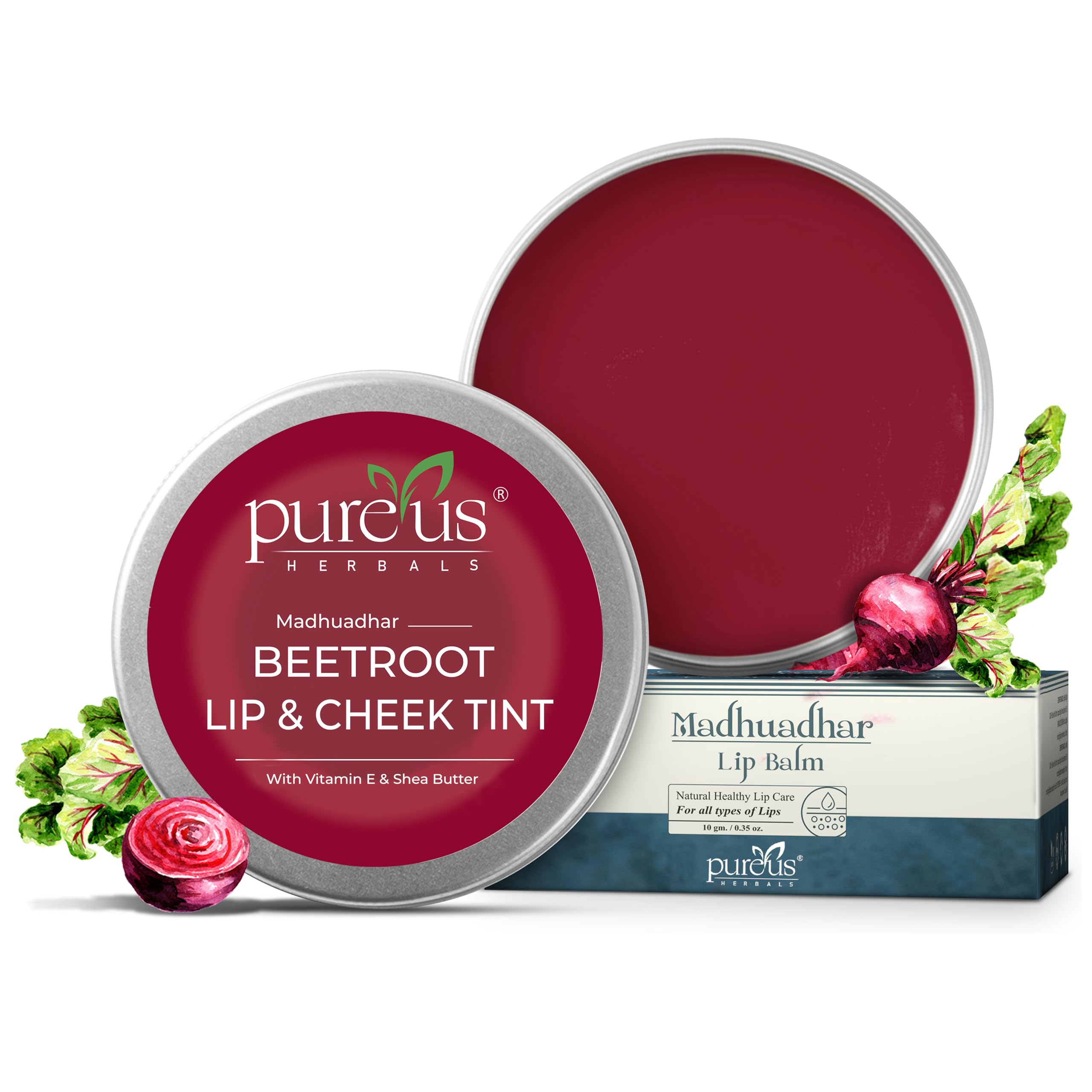 PUREUS Khadi Herbals Madhuadhar Beetroot Tinted Lip Balm for Dark Lips to Lighten, Pigmented, Dry, Chapped & Healthy Lips with Vitamin E & Shea Butter | Natural Lip & Cheek Tint | Women & Men(10 Gm)