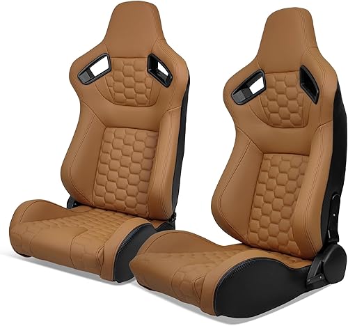 IKON MOTORSPORTS, Asientos universales de carreras con deslizadores dobles, poliuretano marrón reclinable + cuero de carbono con acolchado