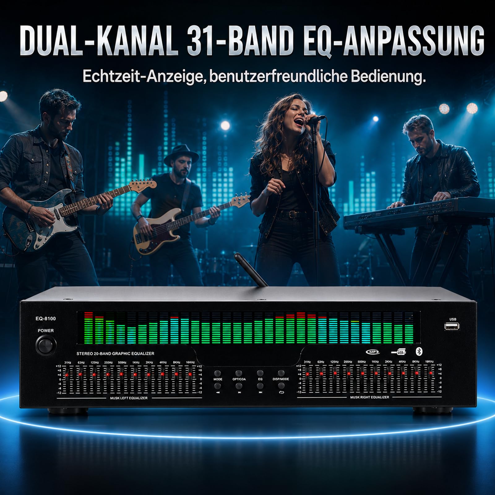 ‌Ecualizador de Sonido Digital 31 Bandas con Bluetooth 5.3 – Ecualizador HiFi Profesional con Pantalla LED de Espectro, Entrada Óptica/Coaxial/RCA/USB para Estudio, Cine en Casa y DJ‌