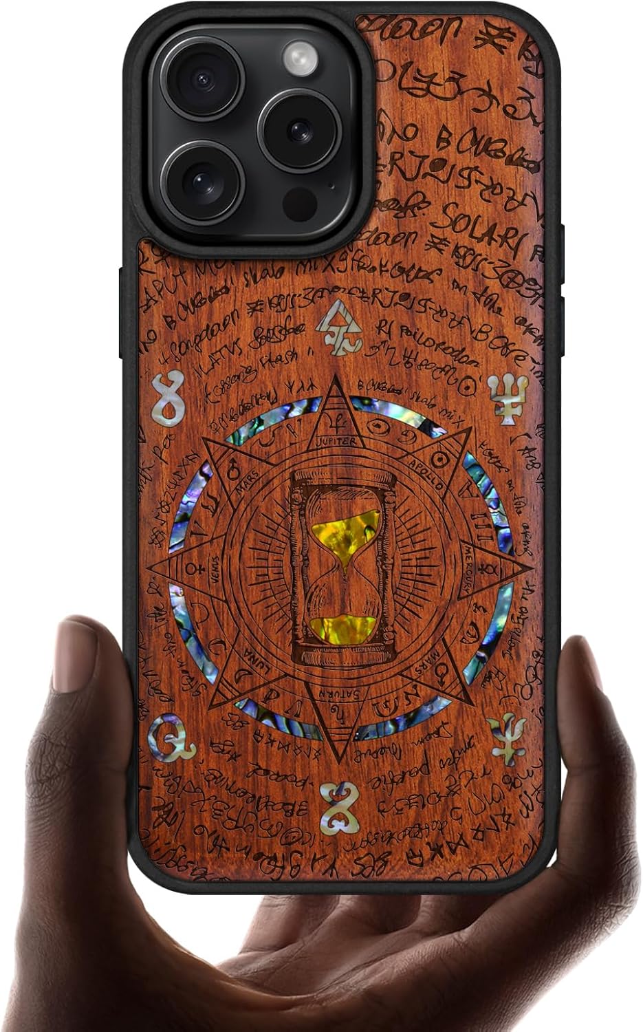 Carveit Magnetic Case for iPhone 16 Pro Max Case, Wood Artisan Engraved & Handmade Shell Inlaid, TPU Shockproof Cover, Compatible with MagSafe Wireless Chargers (Retro Hourglass) Rosy
