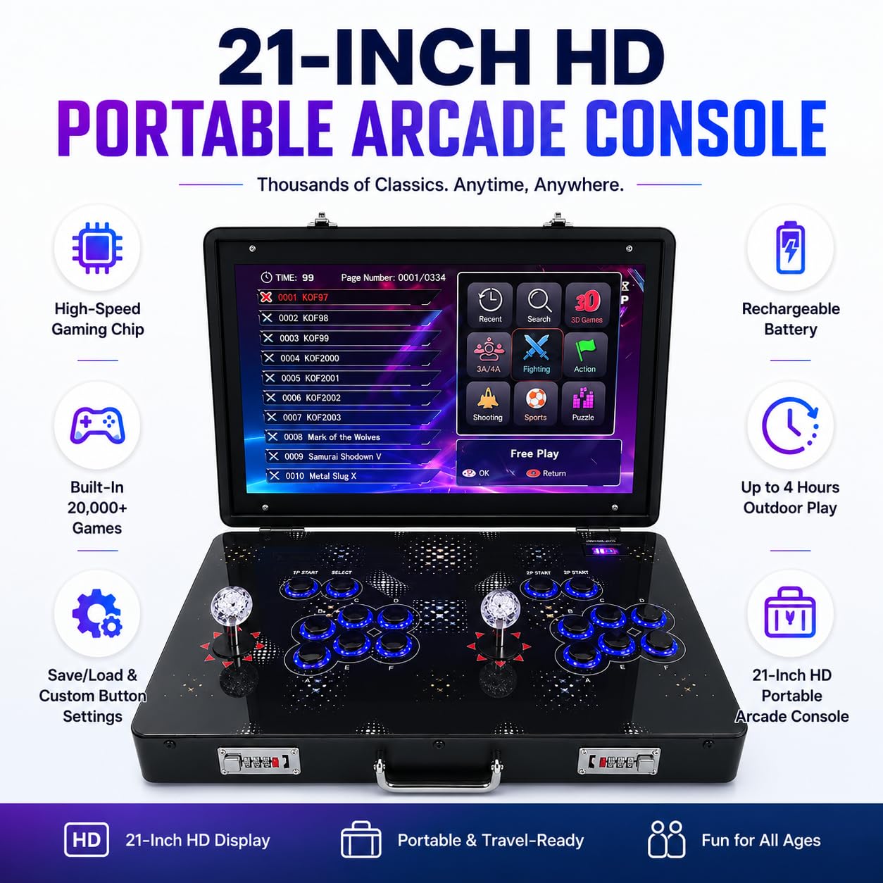 Console di gioco arcade retrò portatile, scatola pieghevole in metallo 35000-in-1 con schermo da 21 pollici, funzione di ricerca, nascondi e pausa