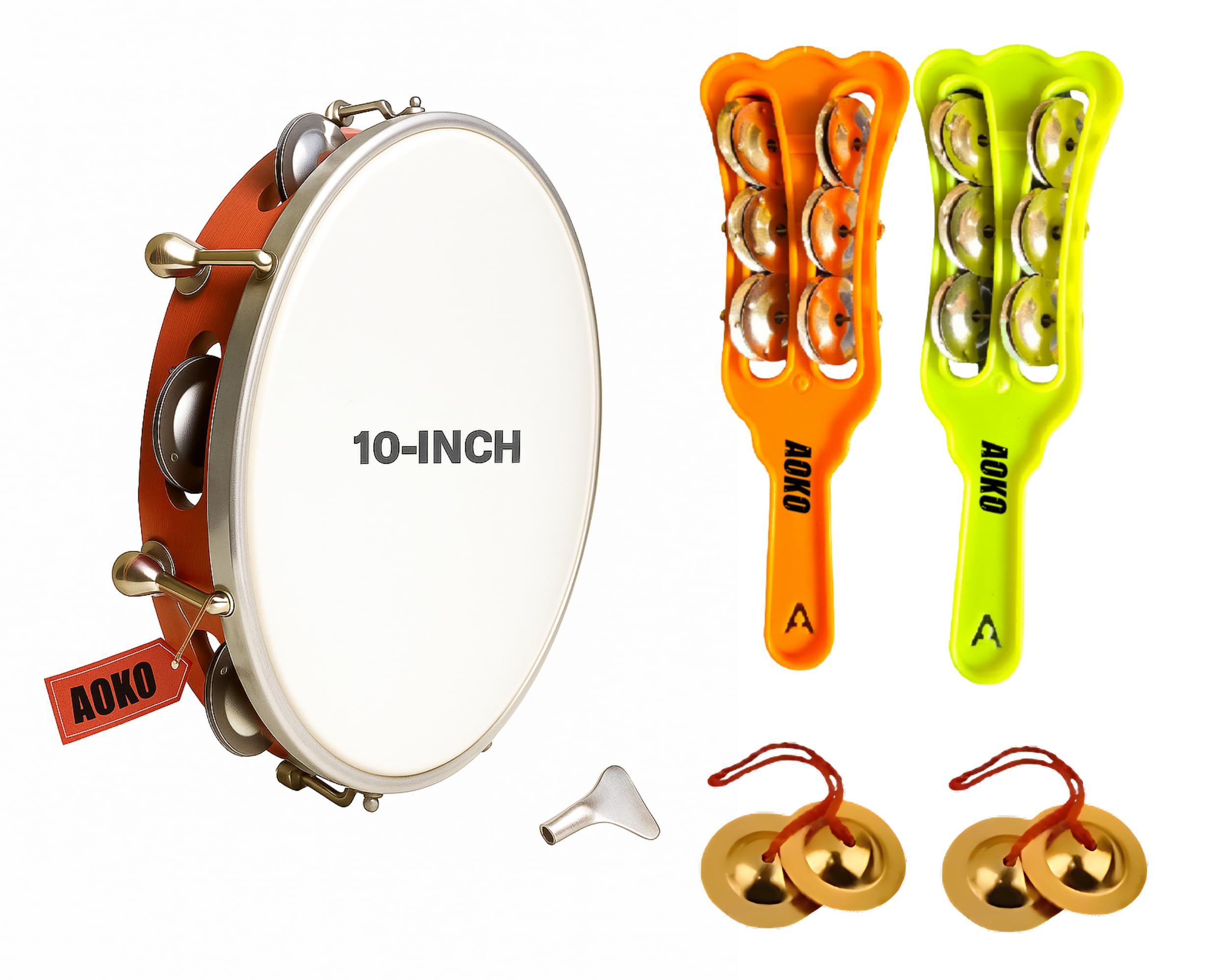 AOKO 10-Inch tambourine, 2 Iron Manjira 3 INCH Percussion Bells Set, 2 kartal PACK OF 5-picture-19
