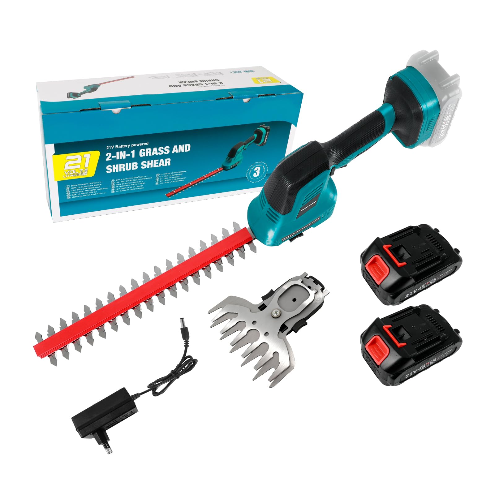 Cortasetos inalámbrico 2 en 1 con 2 baterías de 2000 mAh y Cargador, Cuchillas de 150 mm y 310 mm, Ideal para jardín y césped