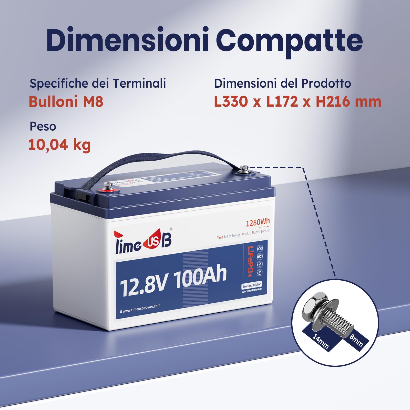 Timeusb 12V 100Ah TM Batteria al Litio con Protezione dalle Basse Temperature,1280Wh con 100A BMS,15000 Cicli Profondi,IP65 Batteria LiFePO4 per Motori Trolling,Yacht,Barche,Camper,Energia Domestica