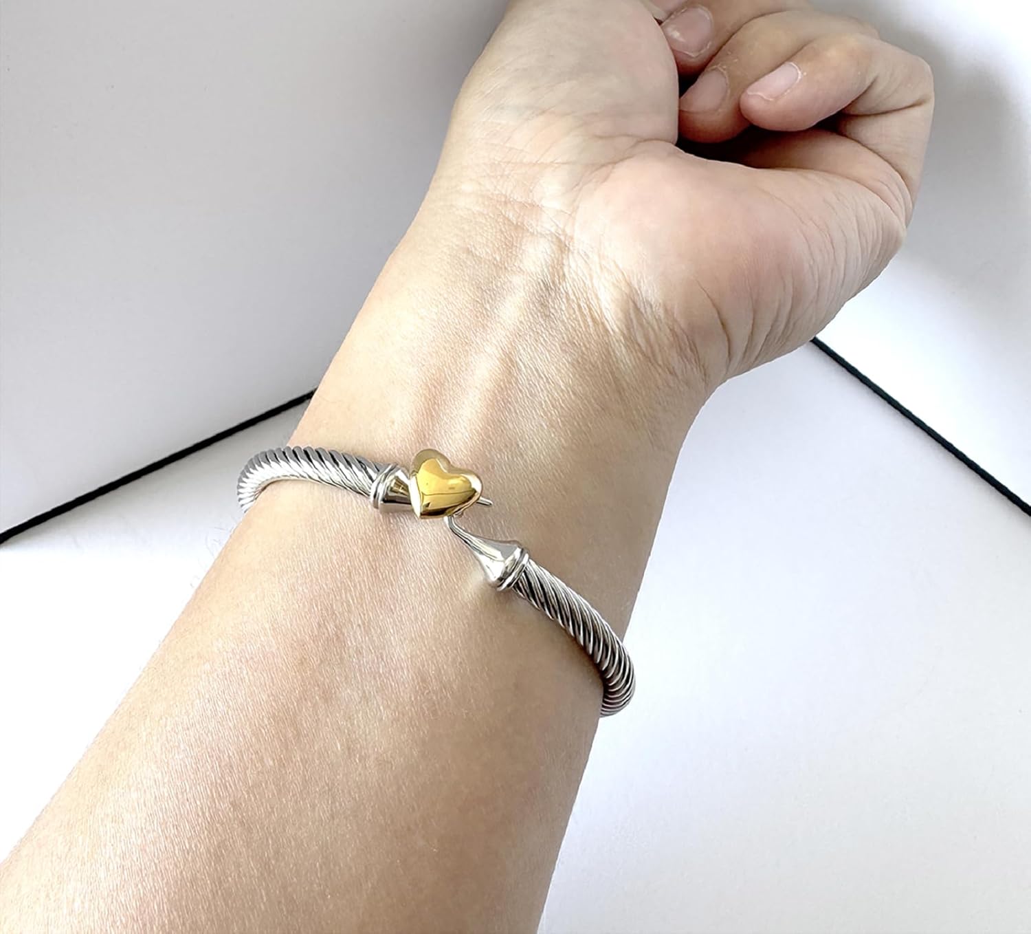 Adjustable Twist Stainless Steel Cable Wire 14K Gold Plated Love Heart Charm Bracelets Friendship Open Bangle Wrist Cuff for Women Men - Image 3