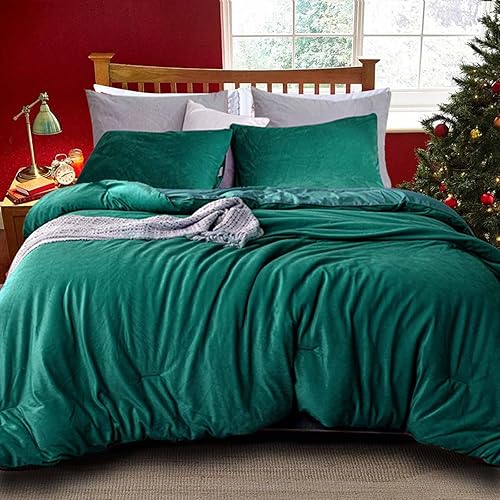 Miniatura 1 de Nanko Juego de edredón de franela de Navidad, tamaño King, terciopelo verde oscuro, microvisón ultra suave, ropa de cama moderna de invierno