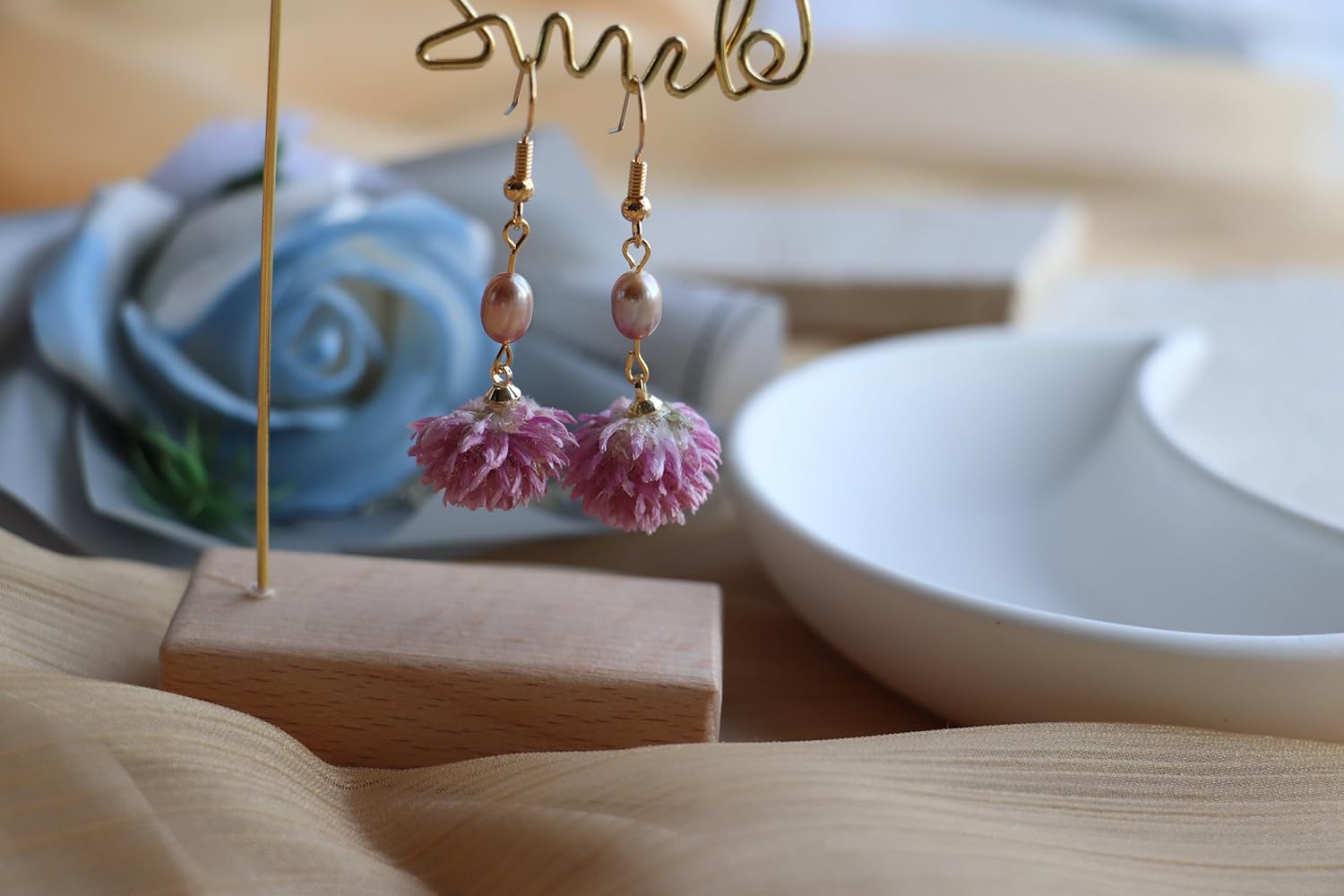Pink Floral Drop Earrings with Pearl Beads, Gold-Tone Fish Hook, Handmade Dangle Jewelry,Handmade Real Freshwater Pearls & Preserved Strawflower Dangle Earrings - Lightweight Hypoallergenic Rose Gold Earrings, Unique Pressed Floral Gift for Women - Image 7