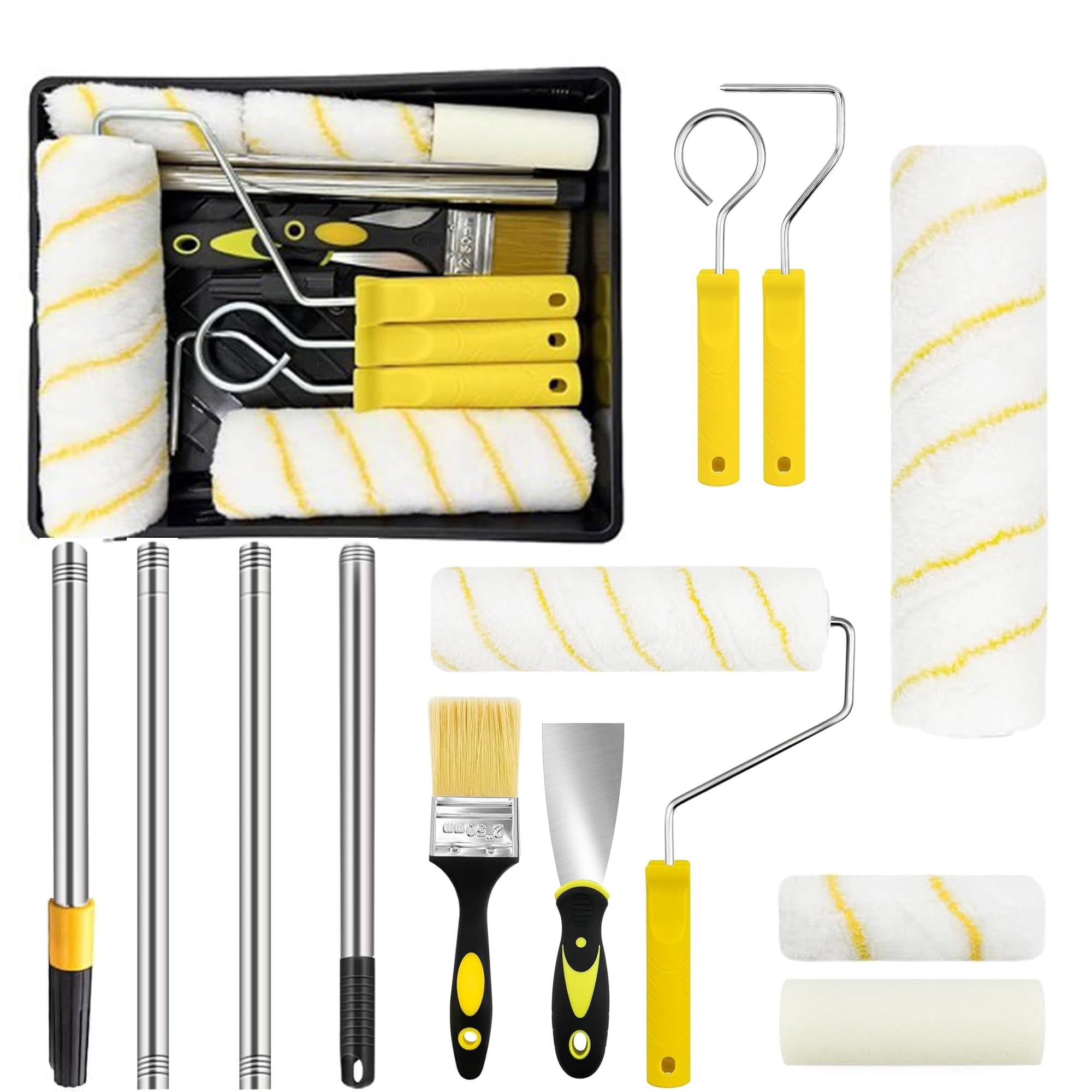 12Pcs Professional Paint Roller Set: Stainless Paint Rollers and Trays Sets with Extendable Pole Tray Brush Large Mini Rollers & Sleeves for Painting Walls Ceiling Doors Trim