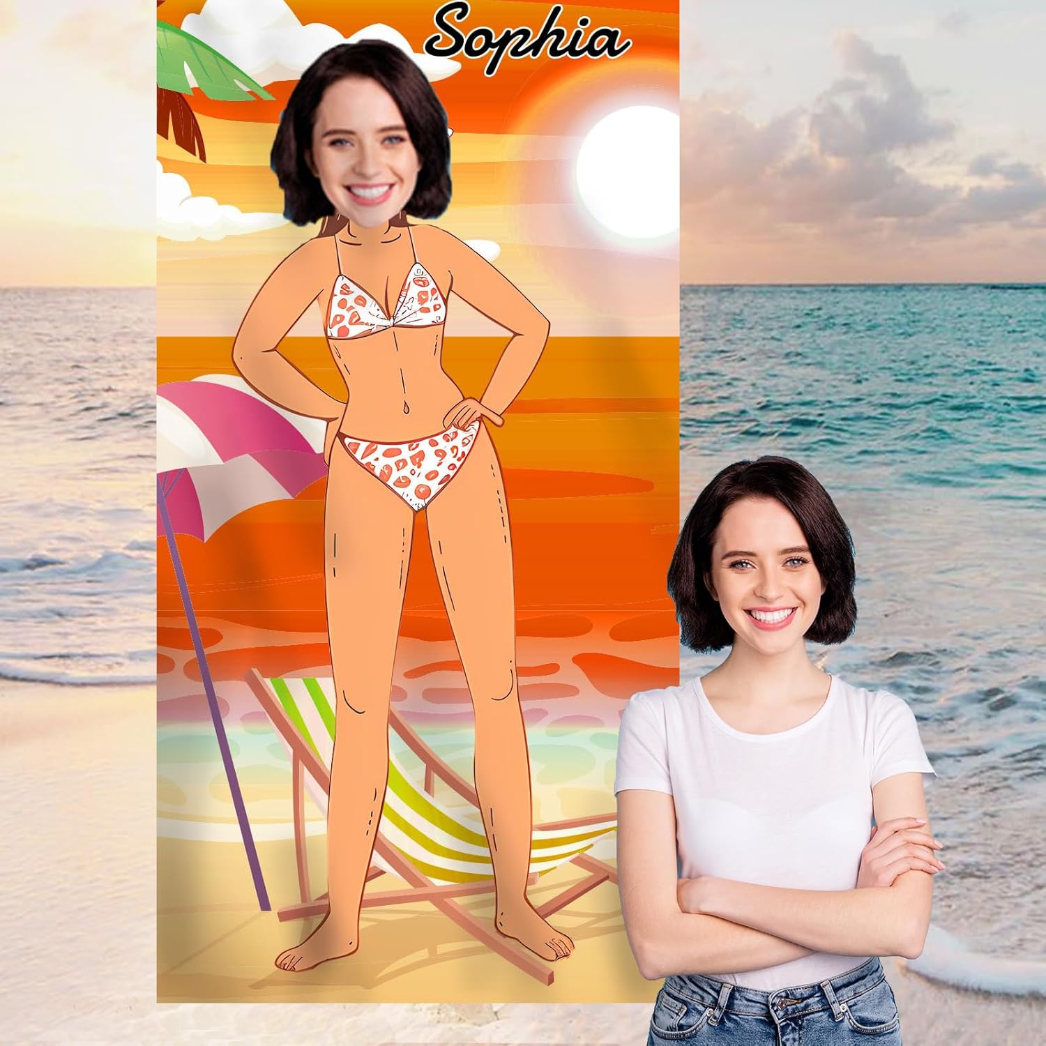 Adults Beach Towel Personalized Beach Towel with Name and Photo, Microfiber Oversized Beach Towel Quick Dry Sand Free Custom Towel for Women Men 1-Sided Printed (70 * 35 inch-Orange)