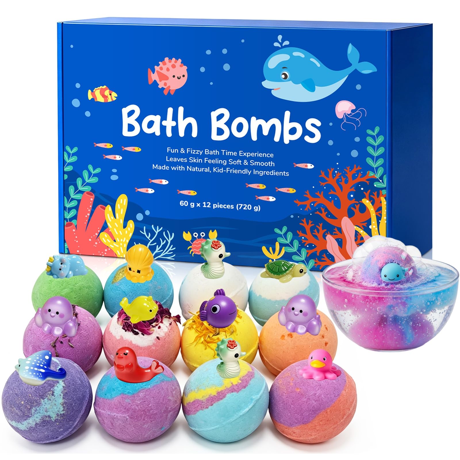 12er Pack Badebomben für Kinder mit Überraschung – Natürliche Badebomben für Kinder mit Spielzeug im Inneren, Geschenk-Set für Geburtstag & Weihnachten