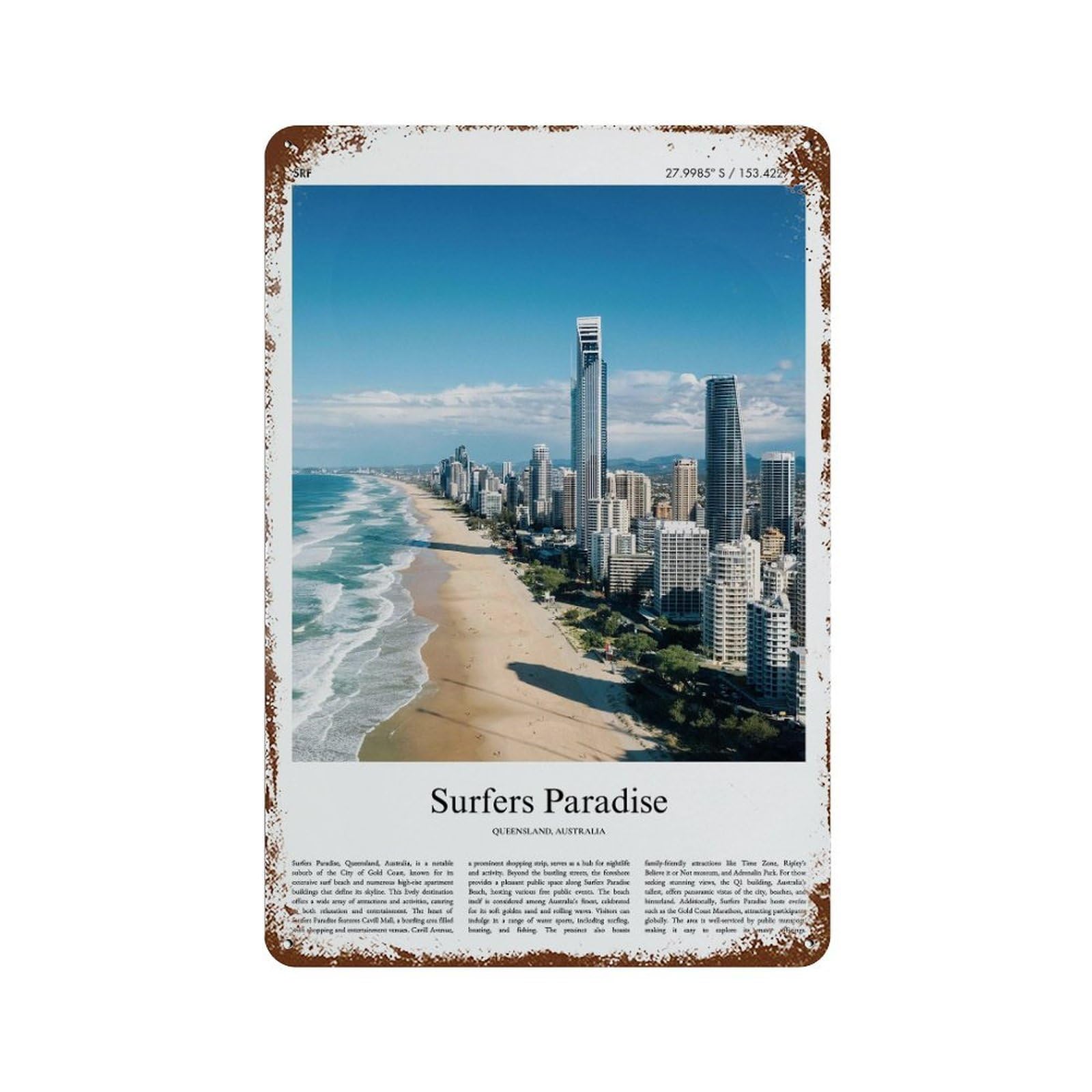 xiaoxiaoshen Surfers Paradise Queensland, Australia City Scenery Wall Decor Art Metal Tin Poster Modern Home Decor Art Home Bar Shop Decorations Vintage Sign 30x20cm