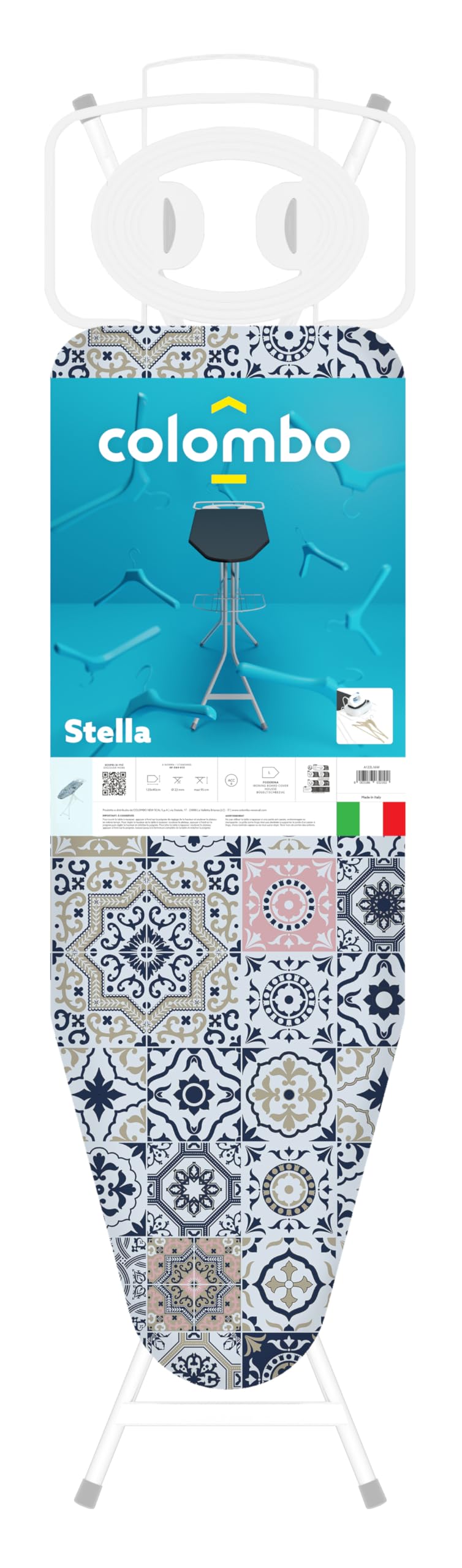 Colombo | Stella Asse da Stiro 120x124cm Porta Caldaia 10kg Portabiancheria | Tavola da Stiro Pieghevole Altezza Regolabile Max 95cm | Copri Asse da Stiro in Cotone Biologico | Made in Italy