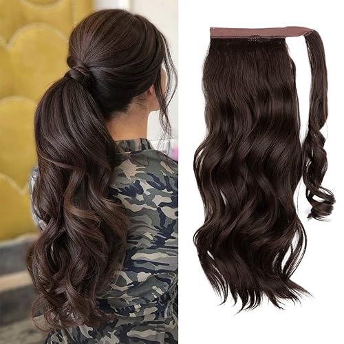 CJL HAIR Extensión de cola de caballo de 22 pulgadas, rizado, ondulado, largo, color marrón, extensiones de cabello sintético de fibra de alta