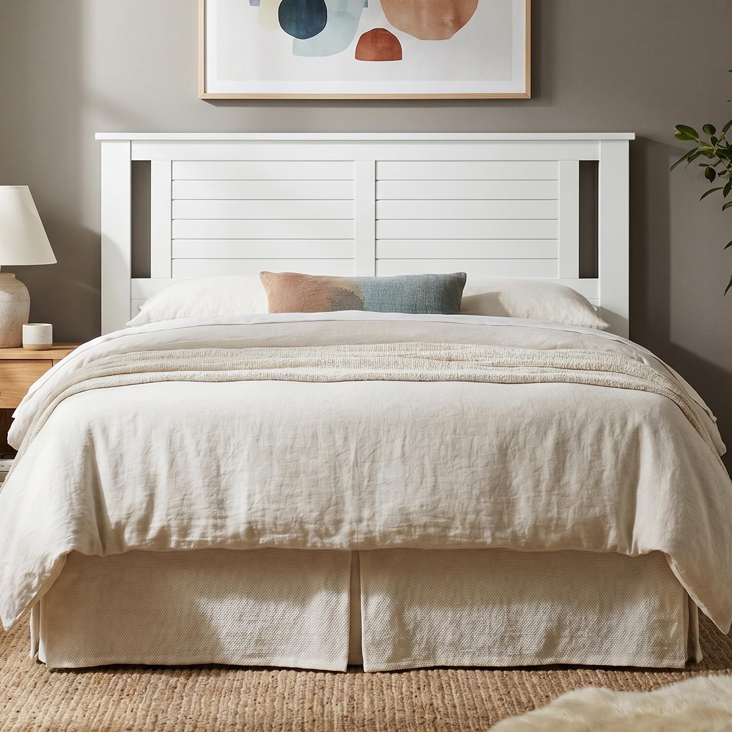 ComfIQ Serene Solid Wood Panel Headboard with Horizontal Scoring, Queen Size, White, Easy Assembly, Quality Materials