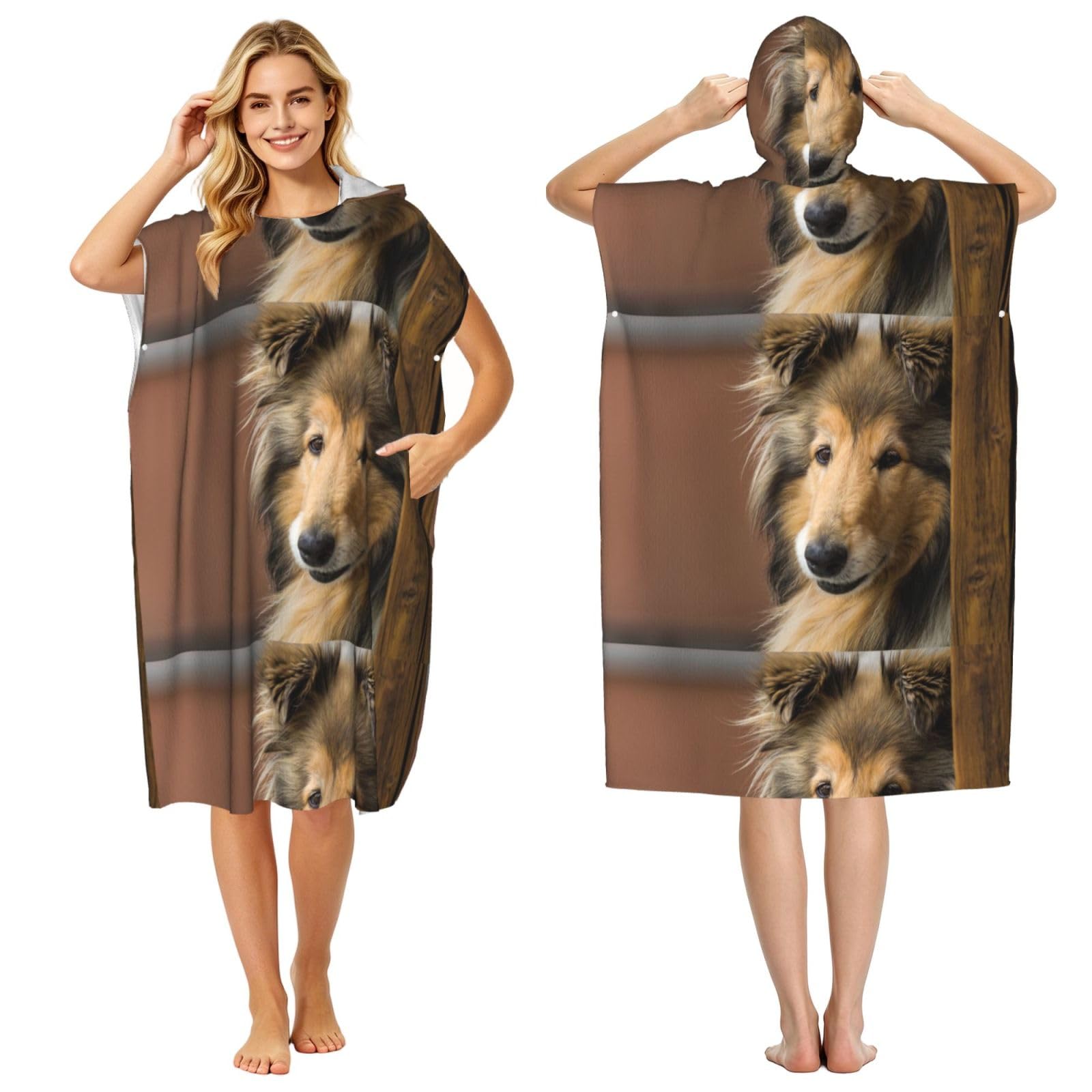 Poadnly Rough Collie Lassie Dogs Big Fluffy Dogs Pets, Adult Hooded Beach Towel 90 x 110 cm,Changing Bath Robe, Surf Poncho Towel For Women Men