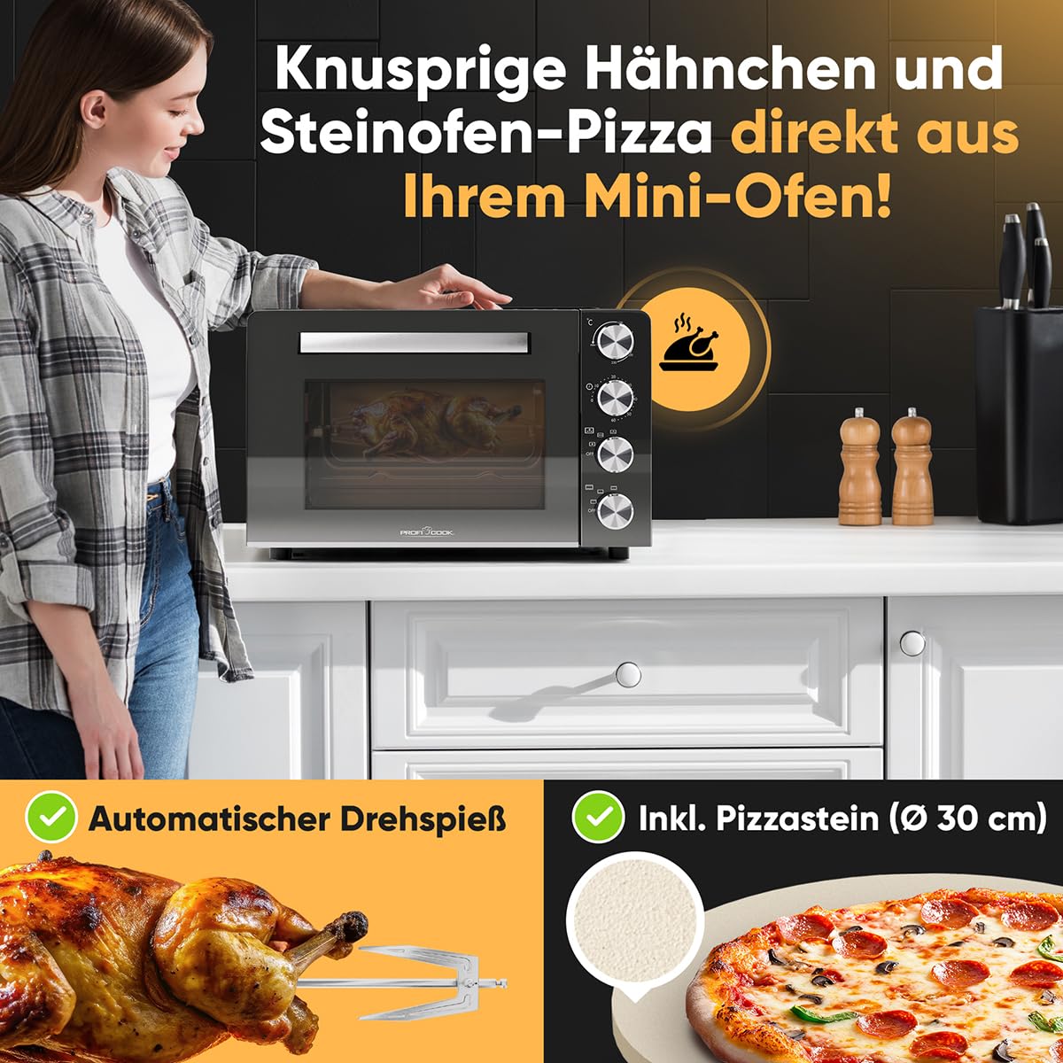 ProfiCook mini forno 30L | convezione + calore superiore/inferiore | mini forno con girarrosto e pietra per pizza | 100°C - 230°C | con convezione e timer | piccolo forno 1500W | PC MBG 1277