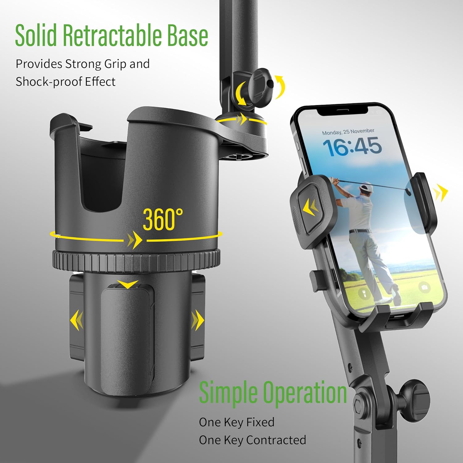 10L0L Updated ABS Golf Cart Cup Holder with Mobile Phone Holder Mount Compatible with Yamaha, EZGO, Club Car Golf Cart Model, 360° Rotatable Stand/One Click to Secure & Release/Expandable