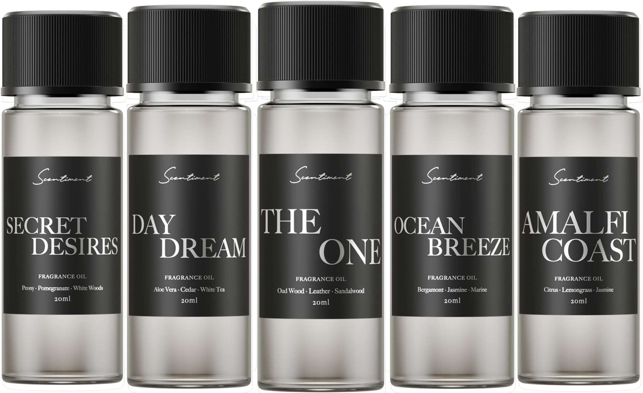 - Scentiment Luxury Hotel Scents – 5 Fragrance Oil Set | Secret Desires, Day Dream, The One, Ocean Breeze & Amalfi Coast | Fresh, Floral, Woody & Citrus Scents | Home Diffuser Oils (5 x 20 mL)