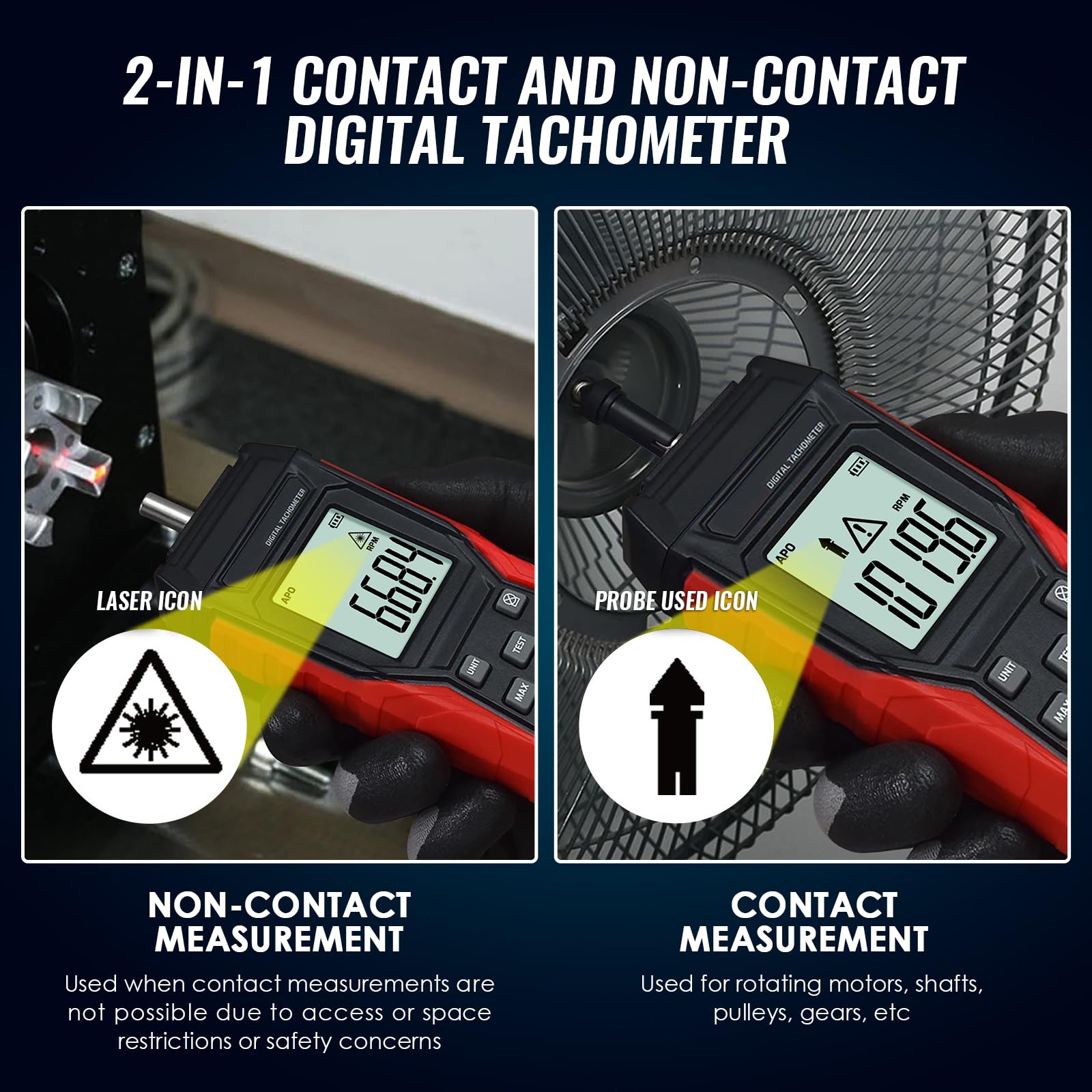 Tacómetro digital de modo dual con medidor de RPM y sin contacto, con pantalla LCD retroiluminada, retención máxima/mínima, 3-99999RPM + 10 cintas reflectantes para probador de velocidad fotográfica