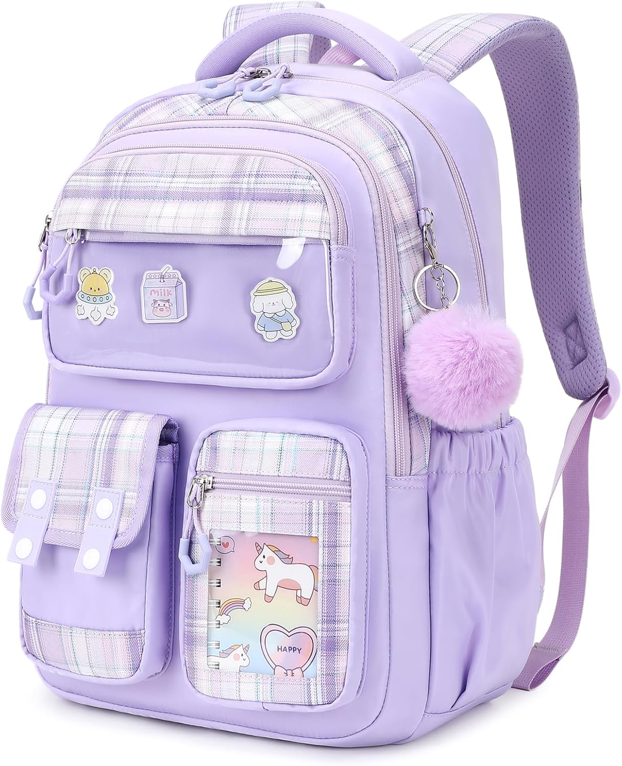 Kids Backpack for Girls, Bookbag for Elementary Students Kawaii Ita School Bag with Pins for Teens Lightweight Water Resistant Travel Backpack with Luggage Strap, Purple