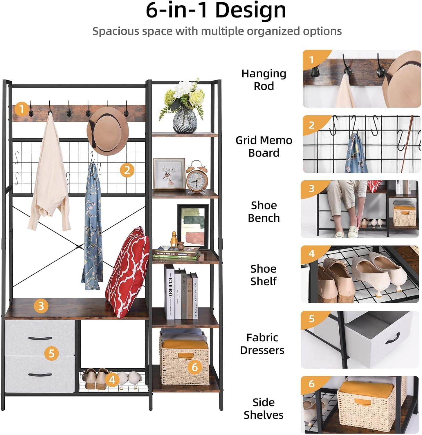Diagram showing 6-in-1 design features of the hall tree