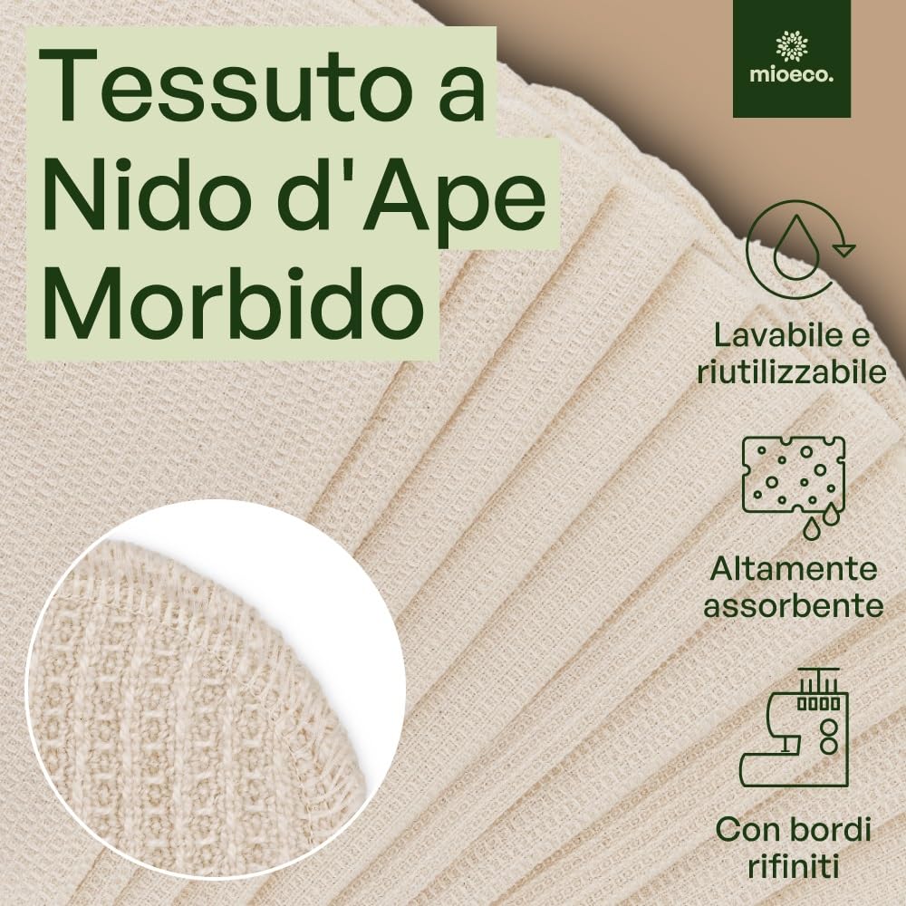 Mioeco Set da 20 Panni Cucina Riutilizzabili – Panno Spugna Lavabile in Cotone Biologico – Alternativa Eco ai Canovacci in Spugna – Super Assorbente, Resistente e Sostenibile