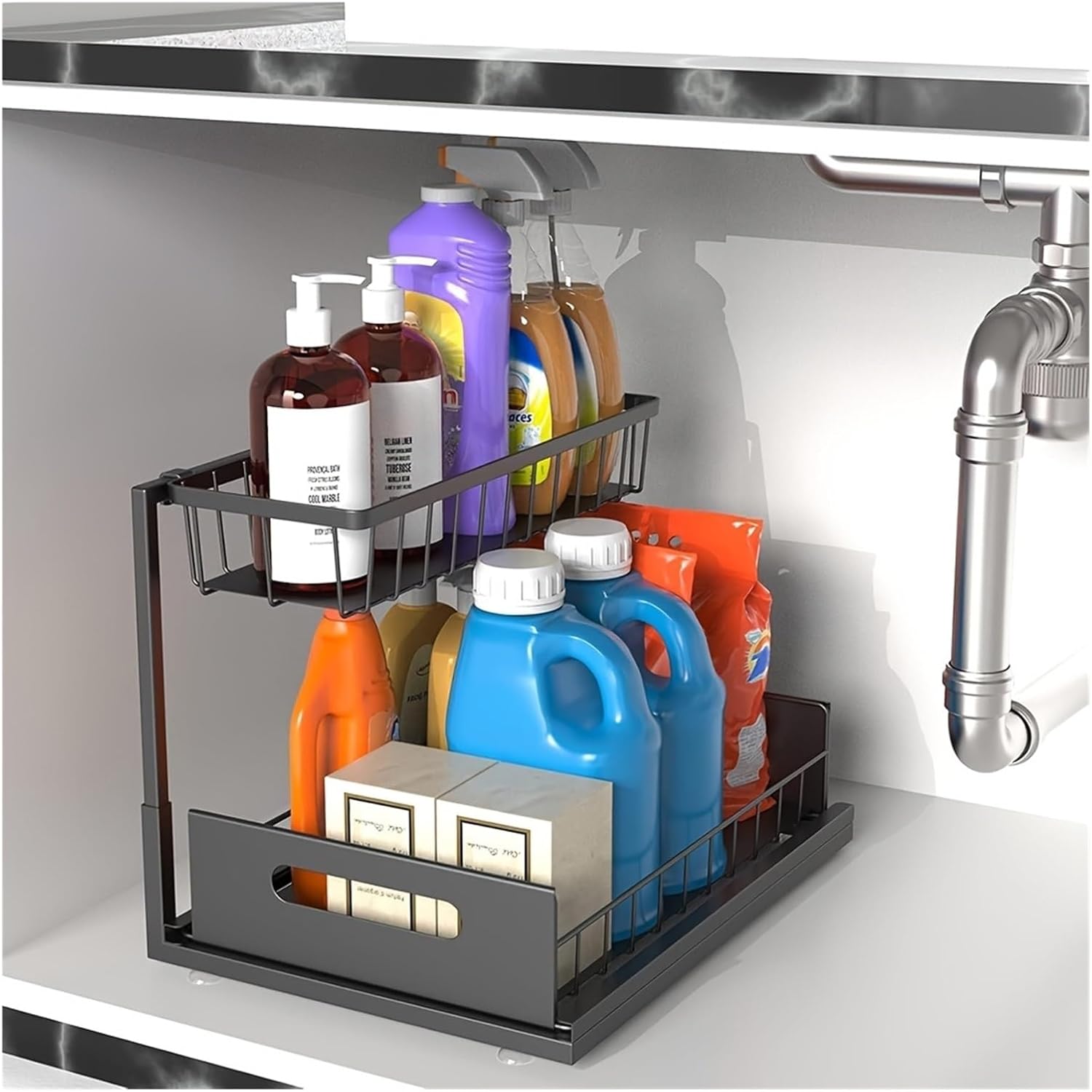 2-Tier Sliding Under Sink Organizer - Rustproof Metal Storage for Kitchen and Bathroom Cabinets, Ideal for Cleaning Supplies(Black)