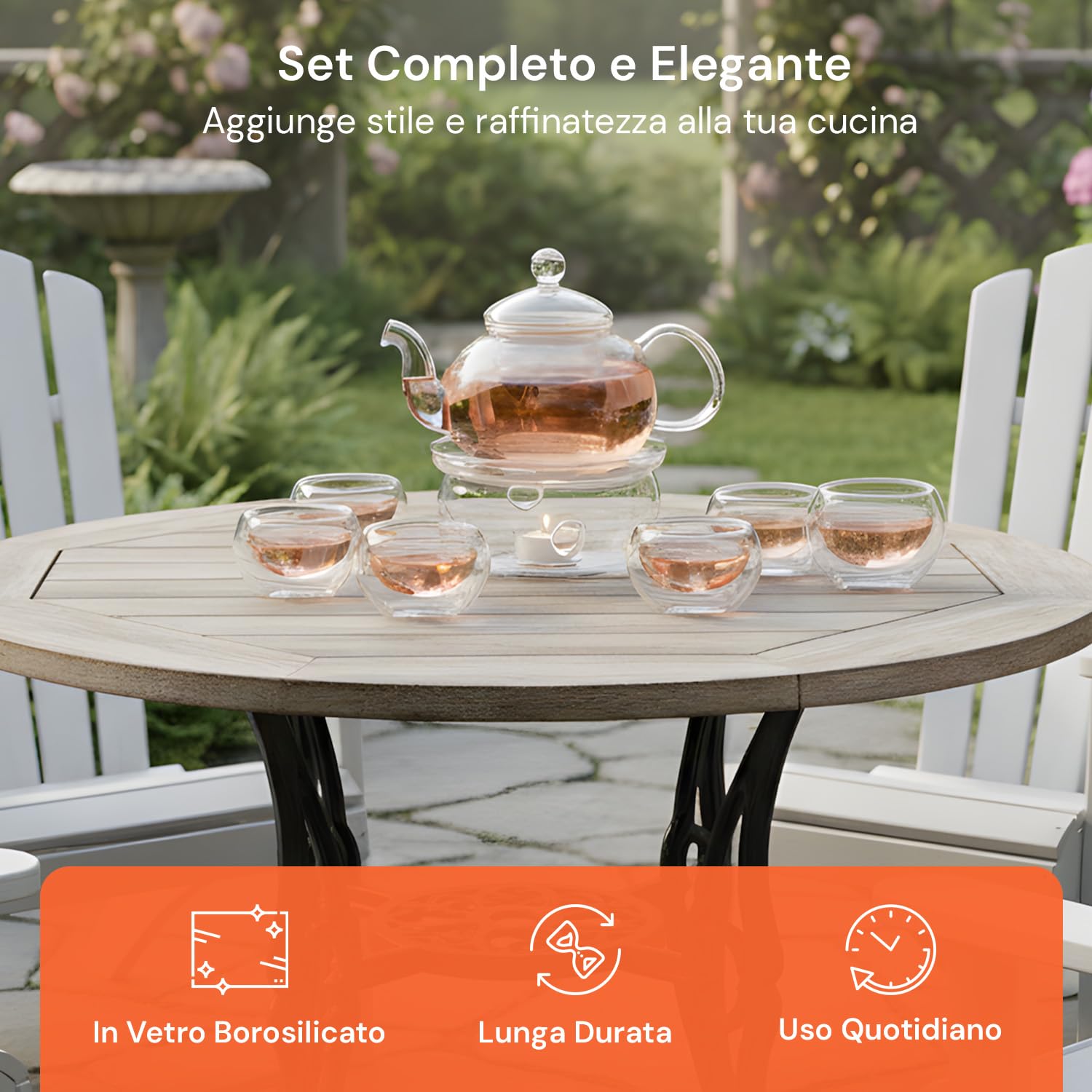 Avilia - Teiera in Vetro 600ml con Infusore e Base Portacandela, Set con 6 Tazzine Resistenti al Calore, Ideale per Tè Sfuso e Infusi, Elegante Idea Regalo Raffinata