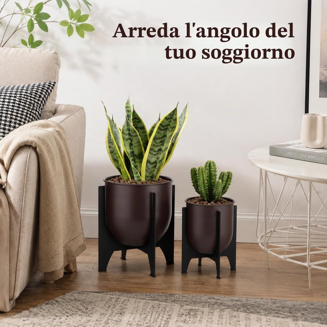 TRIROCKS - Set di 2 vasi con supporto in metallo per interni ed esterni, vasi moderni per soggiorno, angolo, cucina, ufficio, giardino, balcone, decorazione da patio