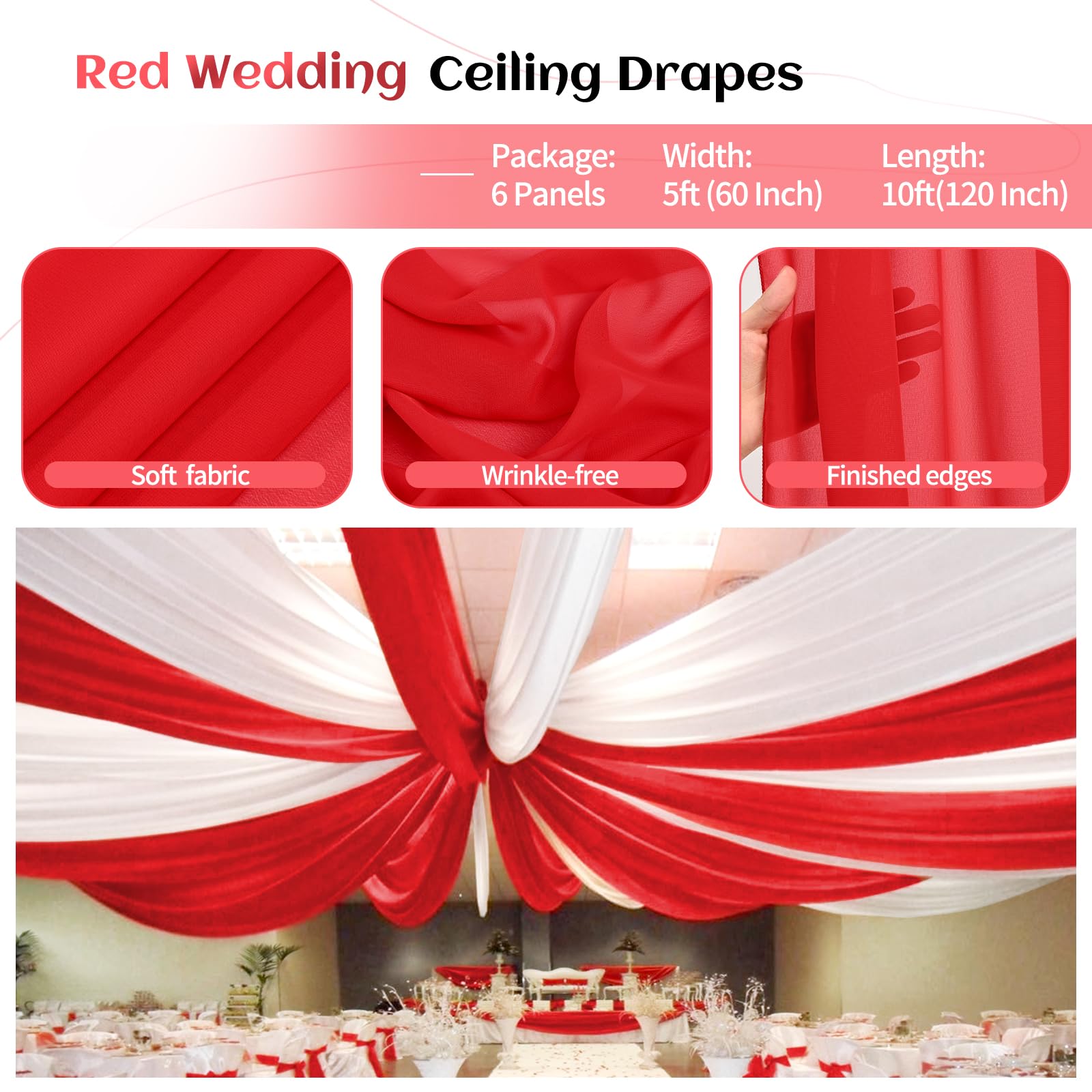 Lot de 6 rideaux de plafond en mousseline de soie transparente pour décoration de plafond de mariage, fête, cérémonie, scène - 1,5 x 3 m - Rouge