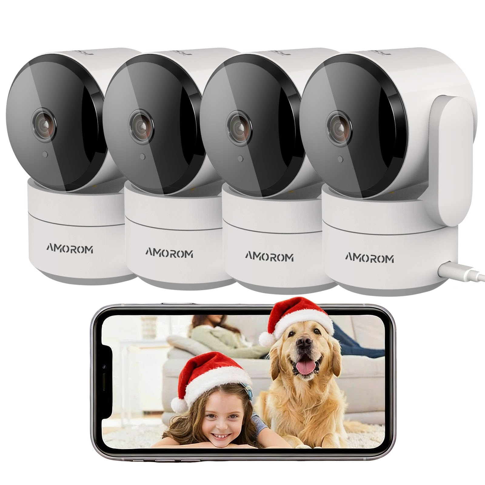 AMOROM WLAN Überwachungskamera Innen 360°, KI-Kamera Überwachung mit Benutzerdefinierte Szenariowarnungen(Reduzieren Sie Fehlalarme), Funktioniert mit Alexa, 2,4G WiFi, 4 Stück