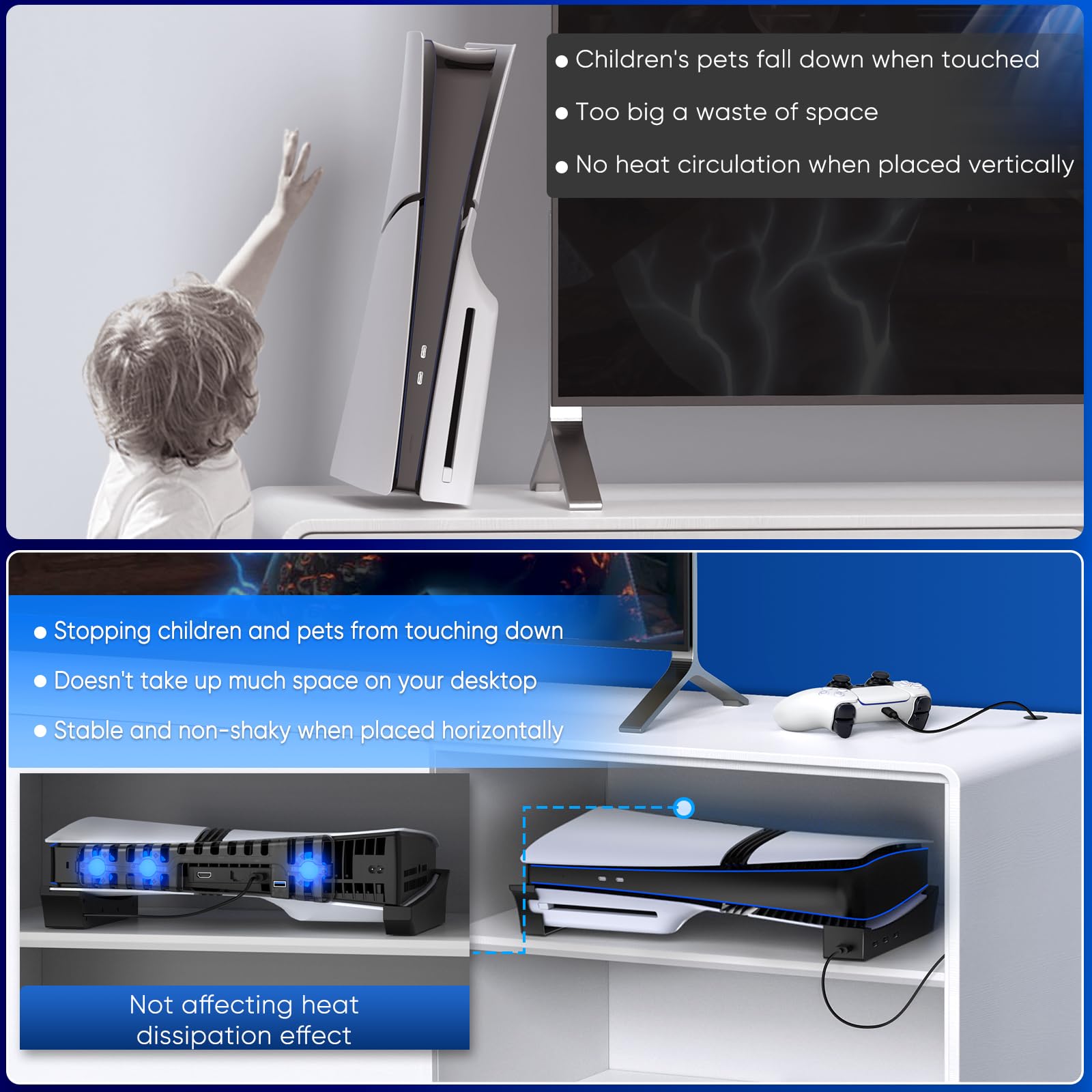 FASTSNAIL Horizontaler Ständer & Lüfter für PS5 Pro/Slim Digital/Disc, Standfuß mit USB 3.0 Port, Automatische Geschwindigkeitskontrolle LED Kühler，Zubehör für PS5 Slim/Pro(Weiß)