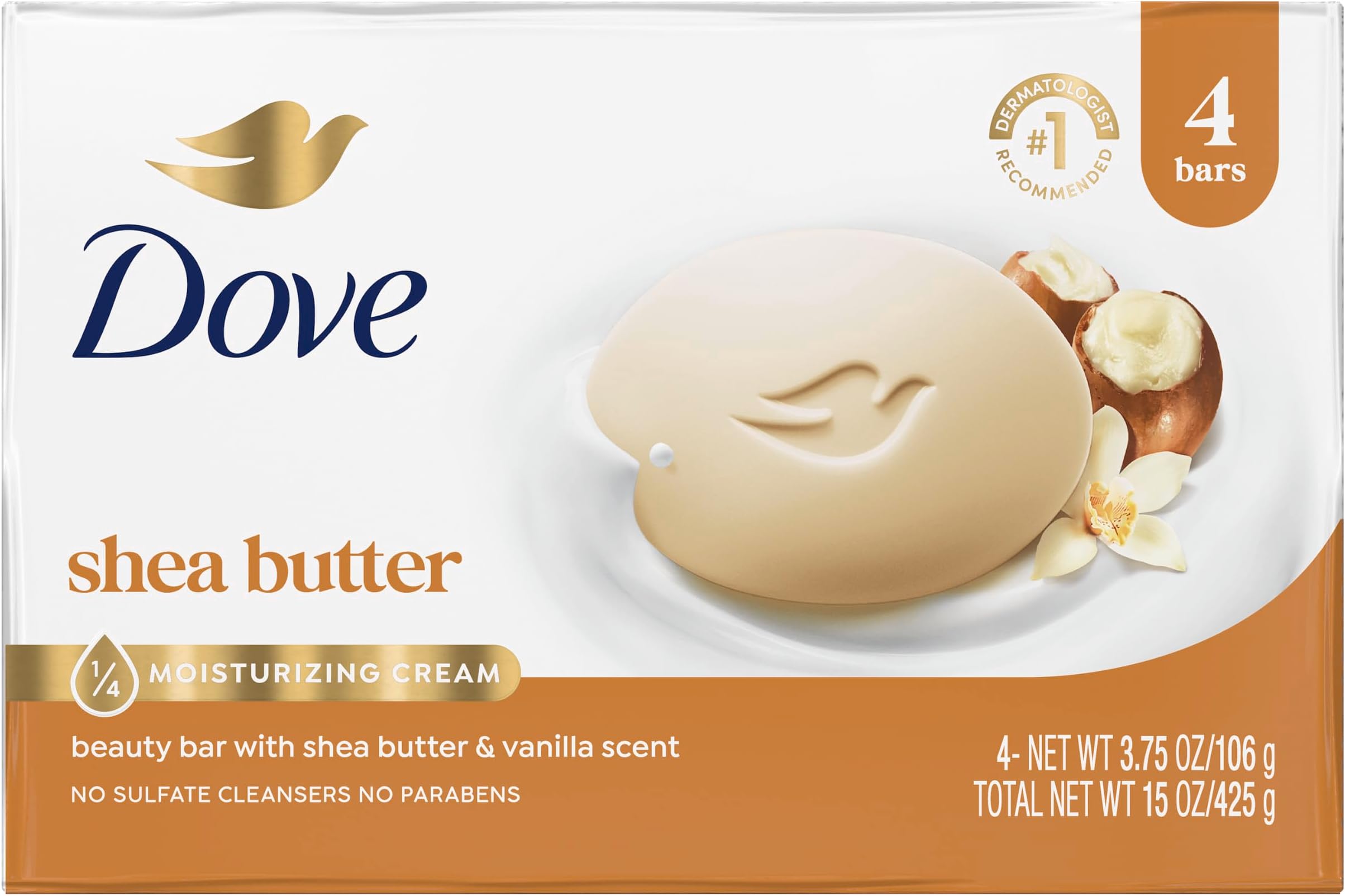 Beauty Bar Soap Shea Butter 4 Count for Nourished, Radiant Skin, Enriches Skin 3.75 oz