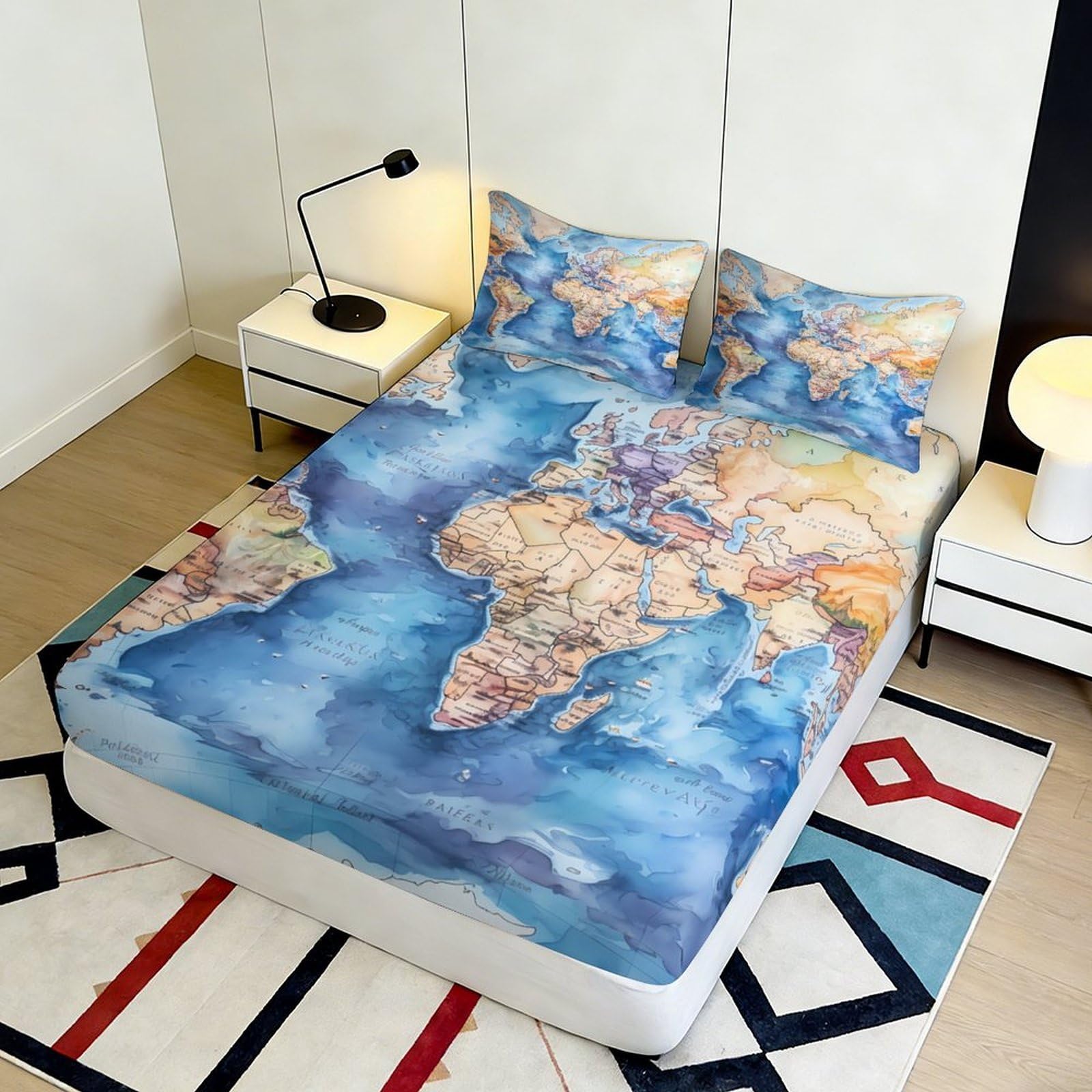 Lenzuolo con angoli con stampa 3D, motivo mappa del mondo, in microfibra