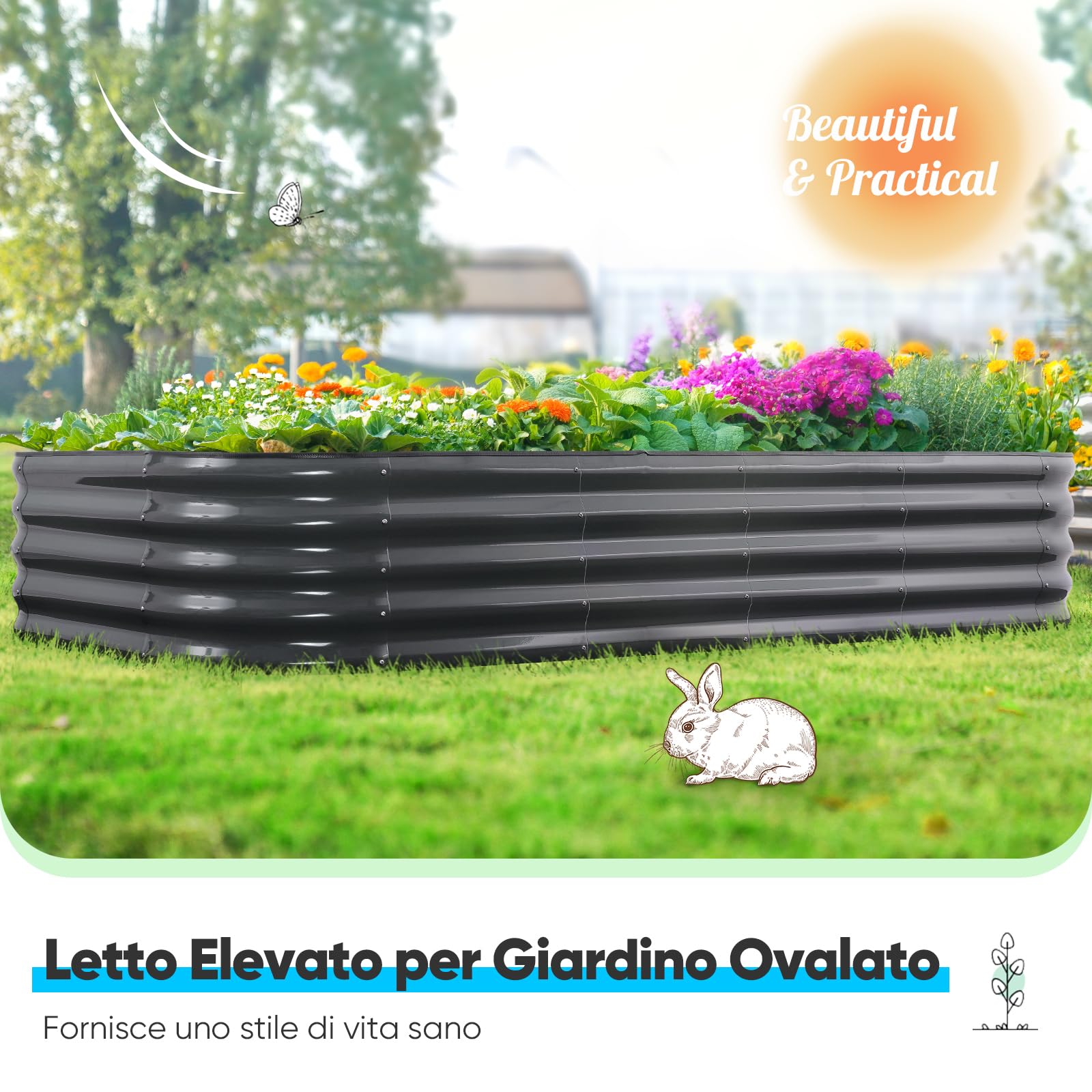 Quictent Kit di Orto RiAlzato Galvanizzato, Fioriera Ovalata in Metallo per Verdure all'Aperto e Giardino, 180x90x45cm